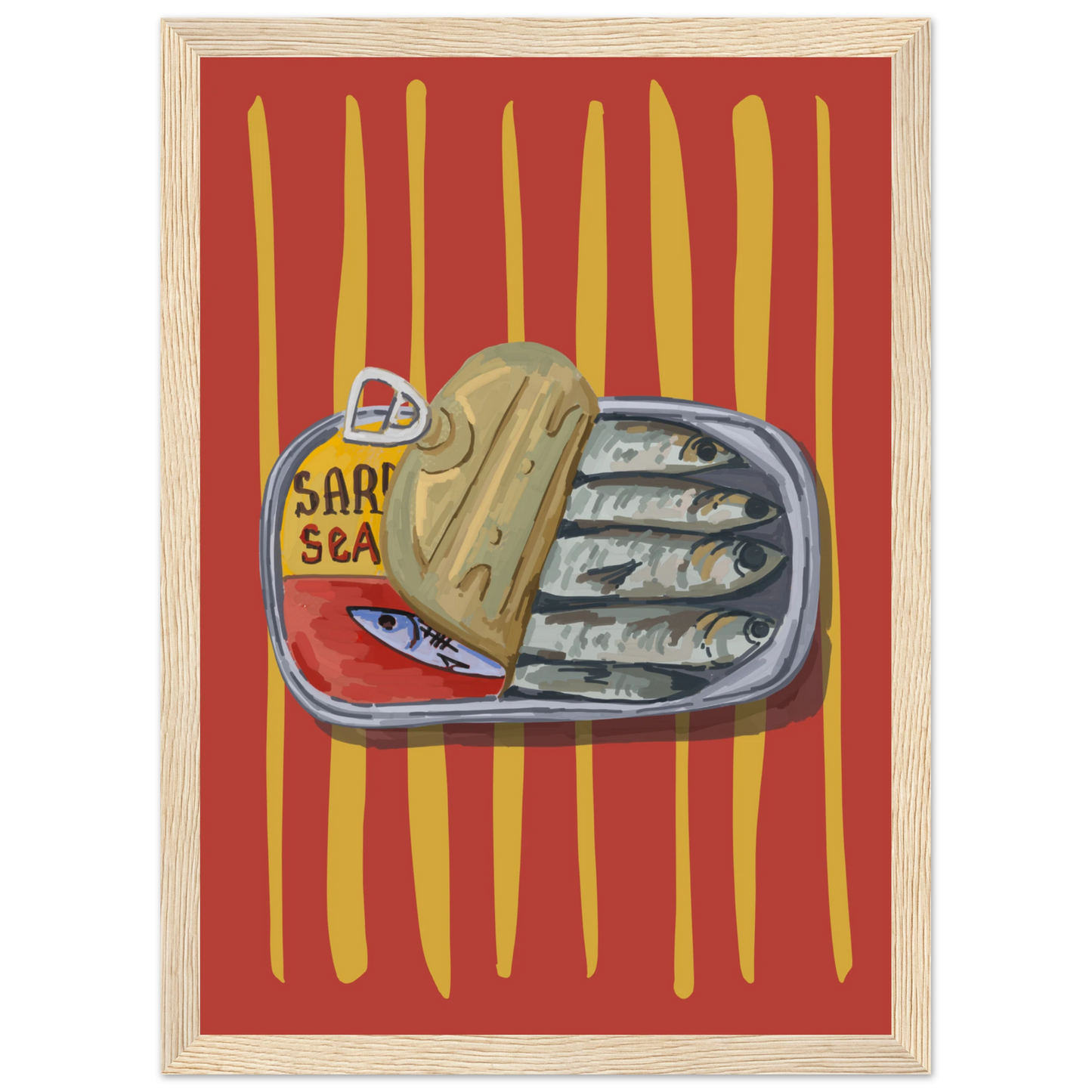 4pm sardine sea pop art print a quirky culinary statement for your walls art print in a Black frame size A1 (59.4 x 84.1  cm) affordable wall art by Art Aunty NZ