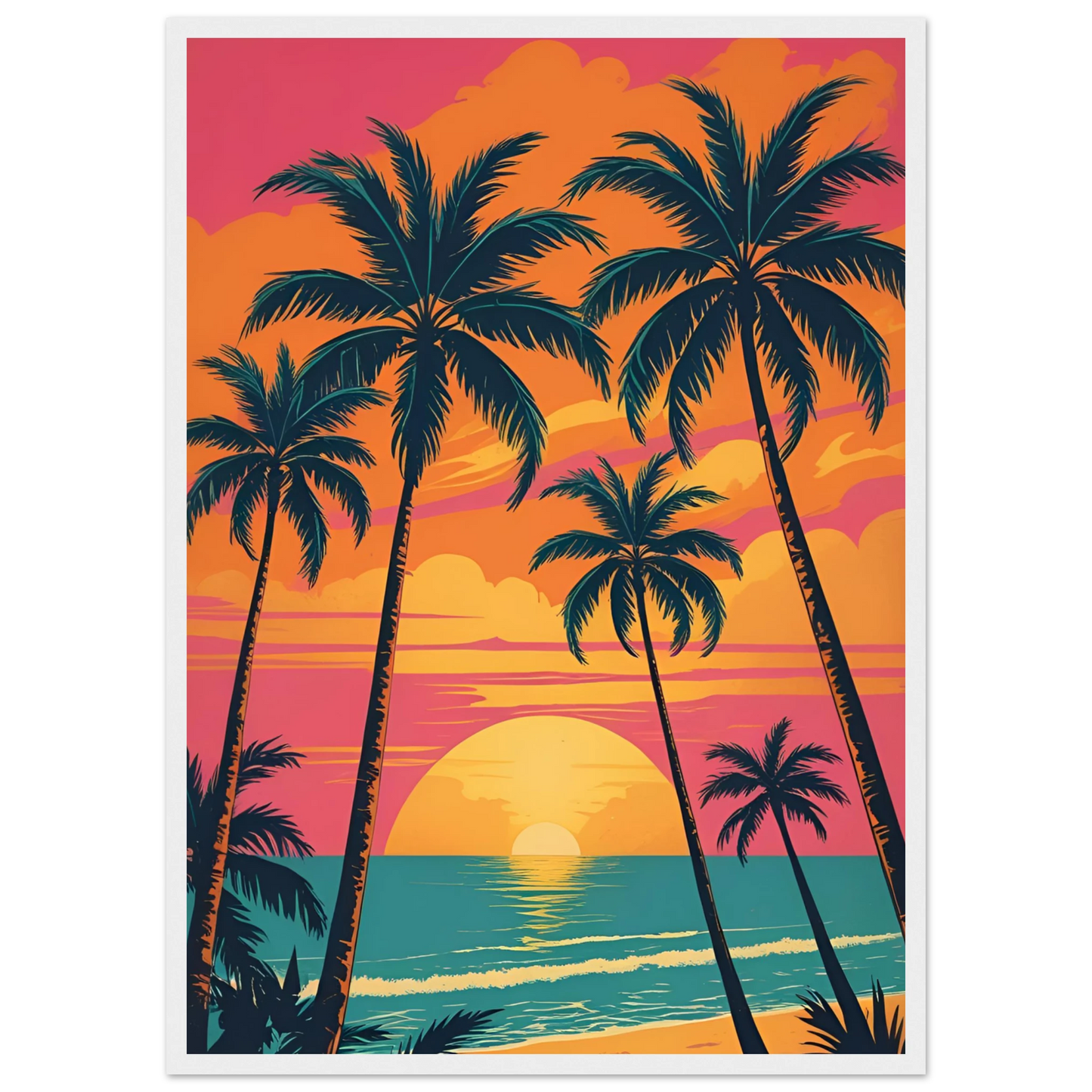 Vibrant sunset beach palm trees art print by anya trut tropical dreamscape wall decor art print in a Wood frame size A2 (42 x 59.4  cm) affordable wall art by Art Aunty NZ
