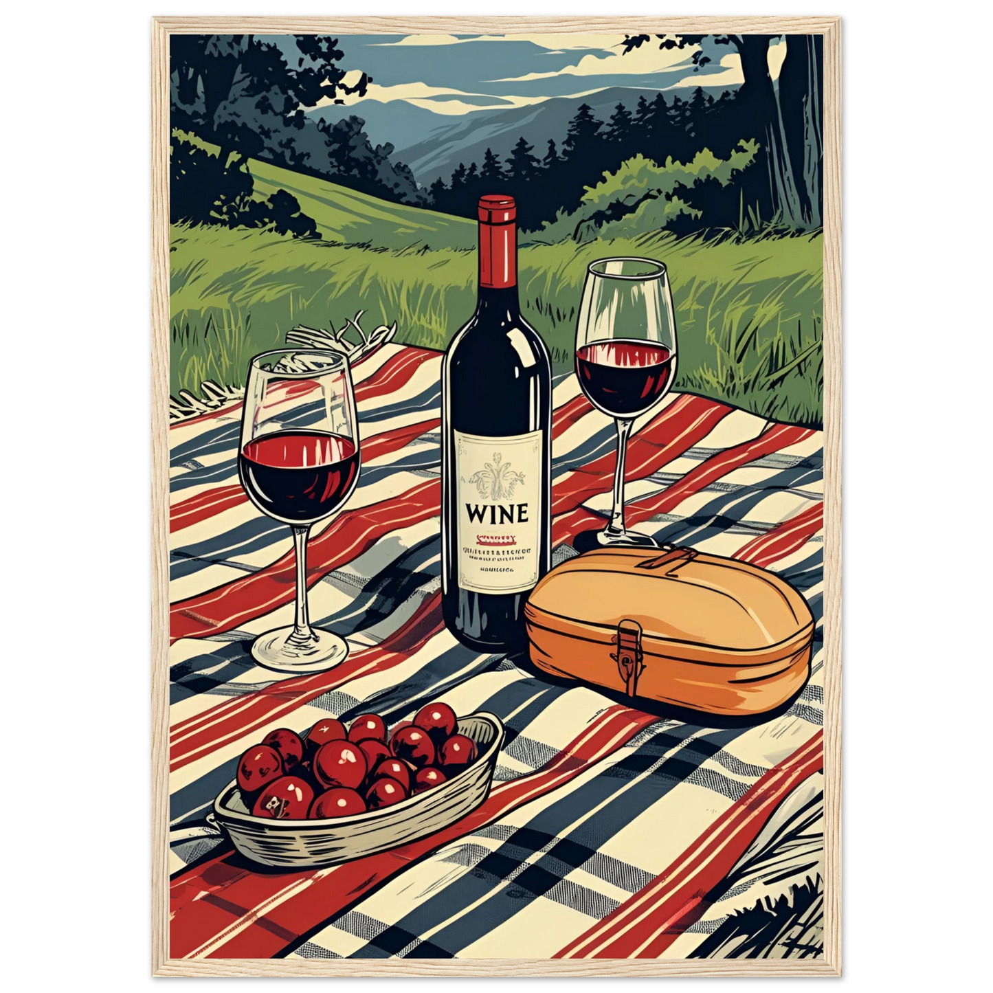 Summer picnic wine cherries serene landscape art print choose your size frame art print in a White frame size A1 (59.4 x 84.1  cm) affordable wall art by Art Aunty NZ