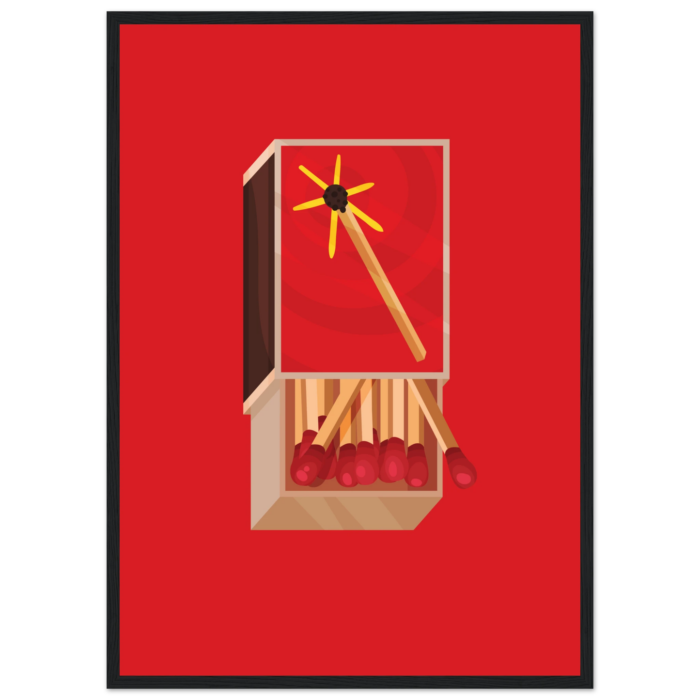 Fiery matchbox art print ignite your decor with bold red yellow hues available framed in various sizes art print in a Wood frame size 21x29.7 cm / 8x12" affordable wall art by Art Aunty NZ