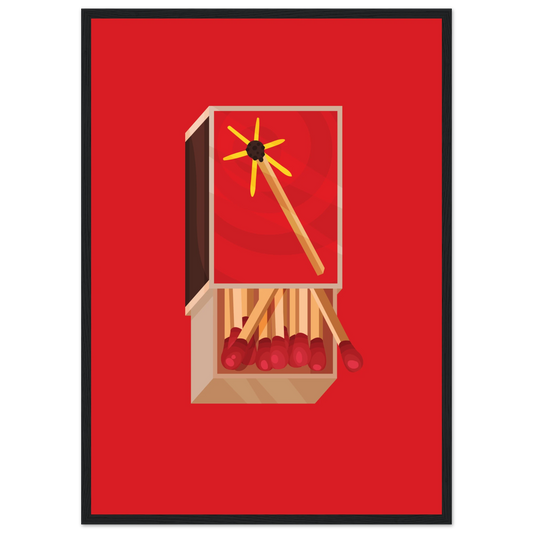 Fiery matchbox art print ignite your decor with bold red yellow hues available framed in various sizes art print in a Wood frame size 21x29.7 cm / 8x12" affordable wall art by Art Aunty NZ