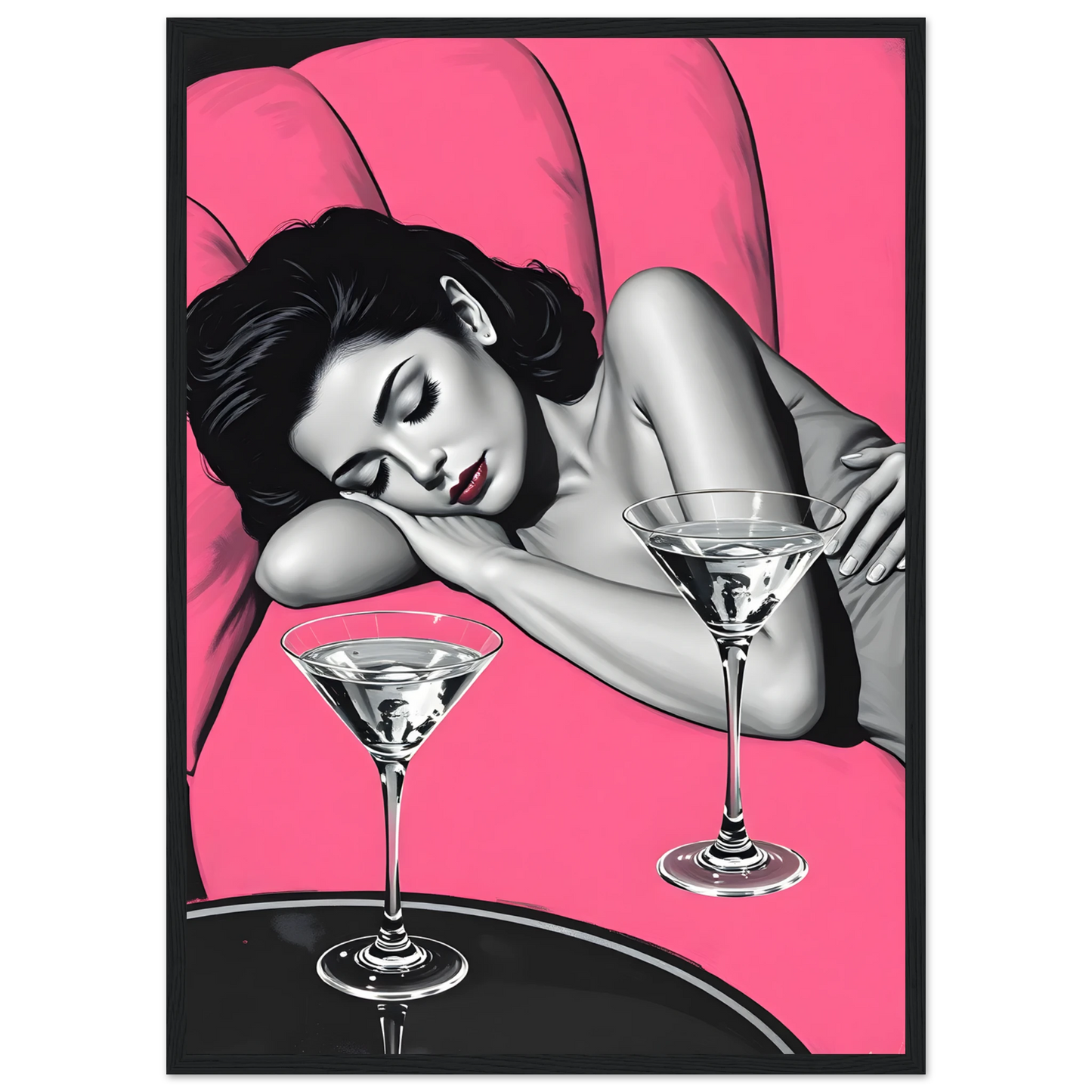 Pink noir chic night cap pop art print by anya trut choose your size frame art print in a Wood frame size 21x29.7 cm / 8x12" affordable wall art by Art Aunty NZ