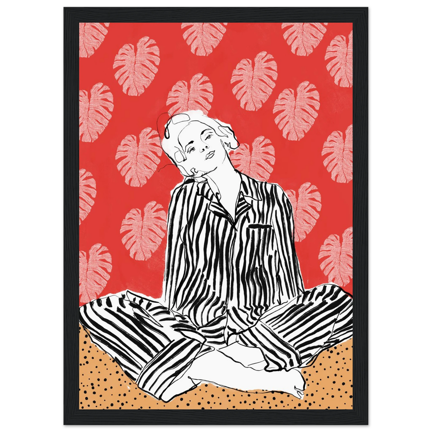 Red boho chic tropical leaf art print elevate your space with vibrant style bohemian flair art print in a Wood frame size 21x29.7 cm / 8x12" affordable wall art by Art Aunty NZ