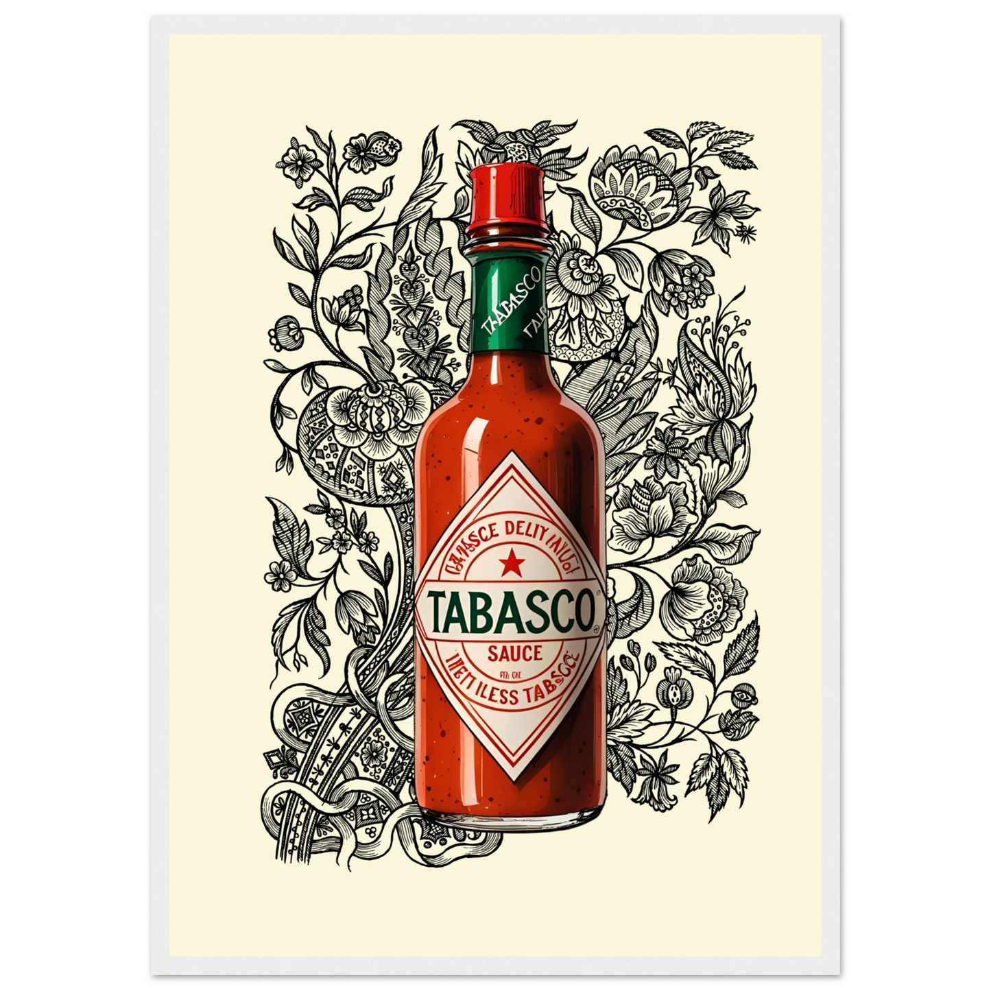 Tabasco sauce pop art bold spicy wall art by anya trut choose your size frame art print in a Wood frame size A2 (42 x 59.4  cm) affordable wall art by Art Aunty NZ