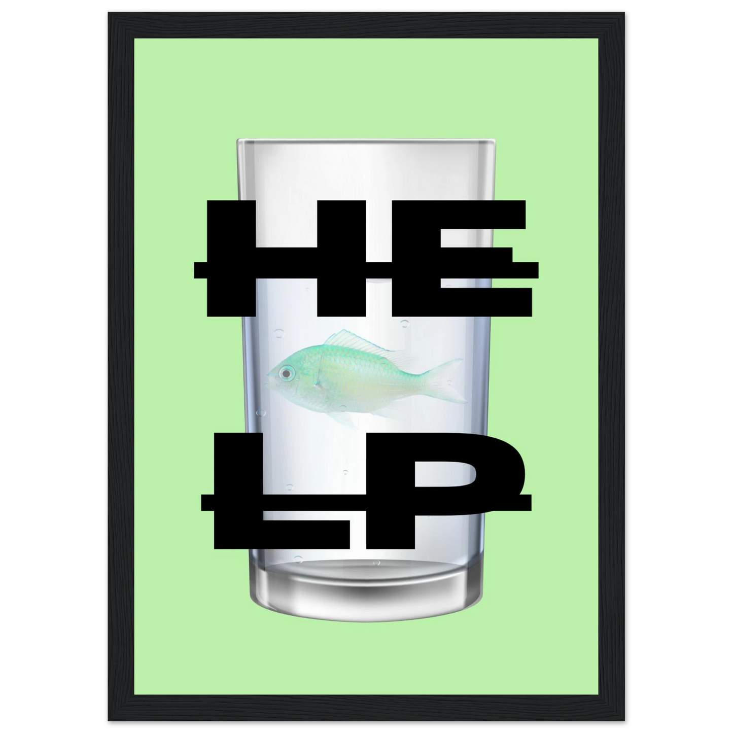 Eco vibe help fish in glass print by anya trut modern art in your choice of size frame art print in a White frame size A2 (42 x 59.4  cm) affordable wall art by Art Aunty NZ