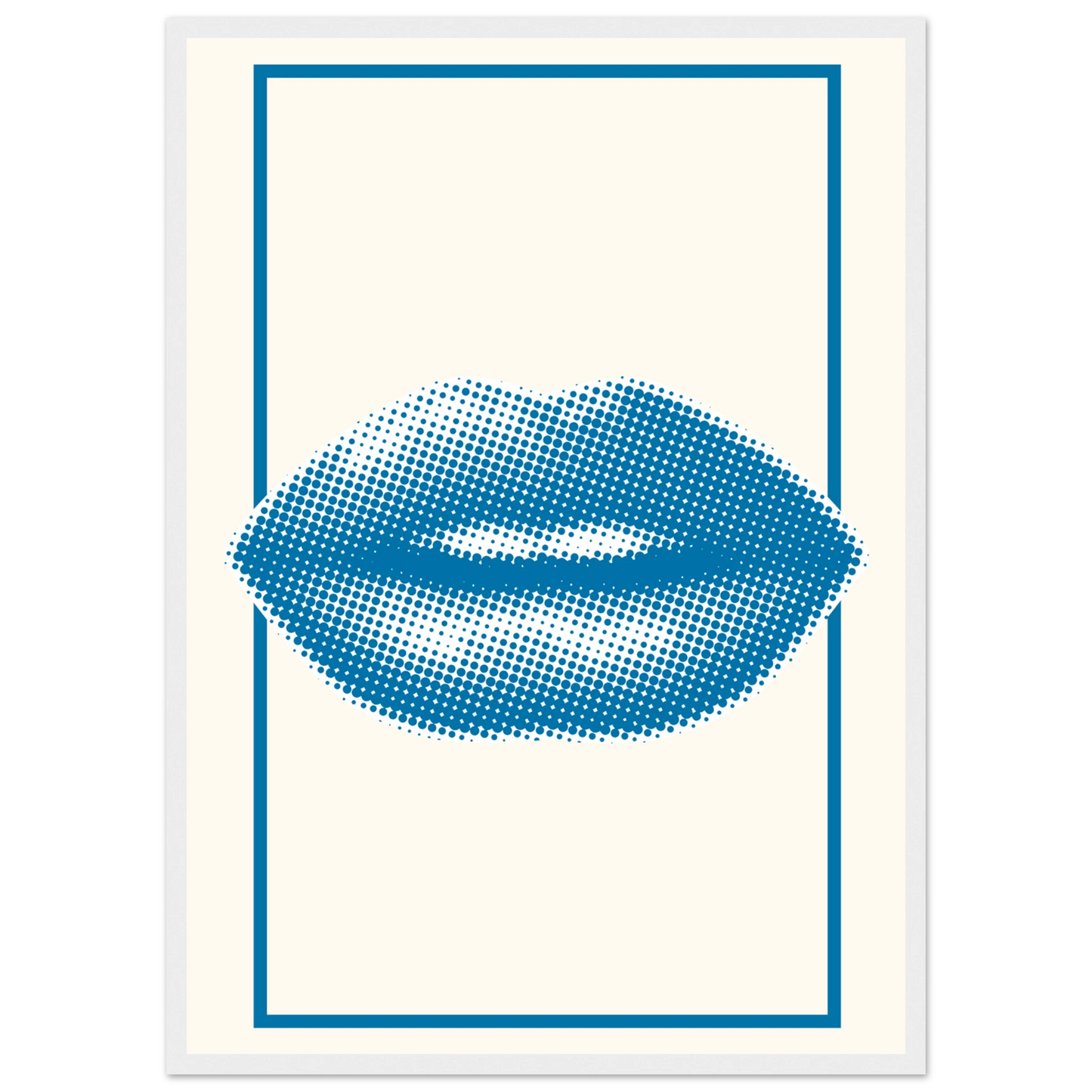Blue kiss pop art lips print halftone digital art by anya trut in your choice of frame size art print in a Wood frame size A2 (42 x 59.4  cm) affordable wall art by Art Aunty NZ
