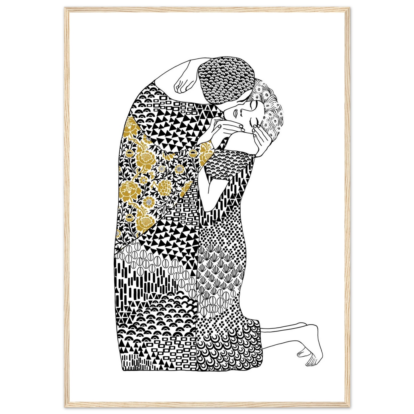 Abstract embrace golden floral geometric art print hand drawn expression on premium poster art print in a White frame size A1 (59.4 x 84.1  cm) affordable wall art by Art Aunty NZ