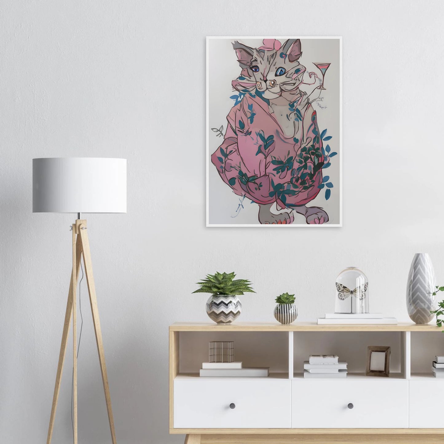 Chic cat with cocktail whimsical pink blue floral art print by anya trut choose your size frame art print in a  size  affordable wall art by Art Aunty NZ