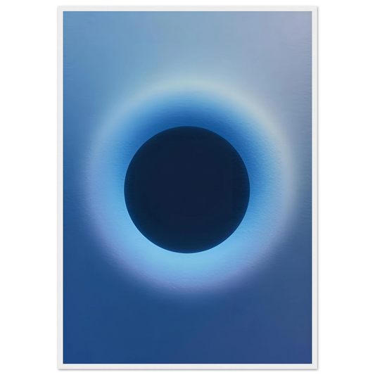 Cosmic aura eclipse art print mesmerizing blue black abstract circle for modern decor available in multiple sizes and frames art print in a White frame size 21x29.7 cm / 8x12" affordable wall art by Art Aunty NZ
