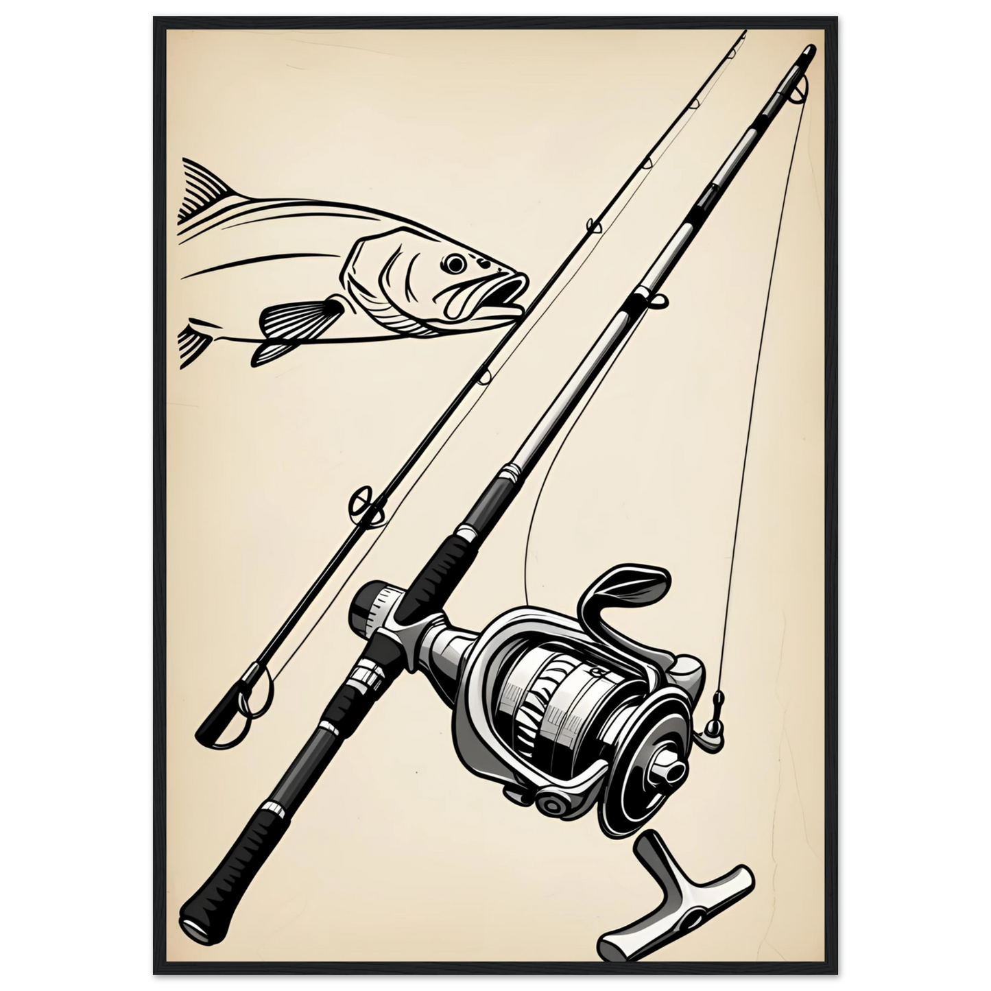 Classic fishing rod reel with bass design art print for anglers outdoors enthusiasts art print in a Black frame size A2 (42 x 59.4  cm) affordable wall art by Art Aunty NZ