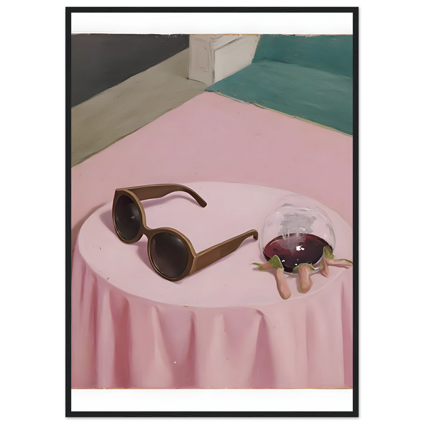 Chic curious nightcap by anya trut modern art print with sunglasses and spilled drink in your choice of frame art print in a Black frame size A2 (42 x 59.4  cm) affordable wall art by Art Aunty NZ