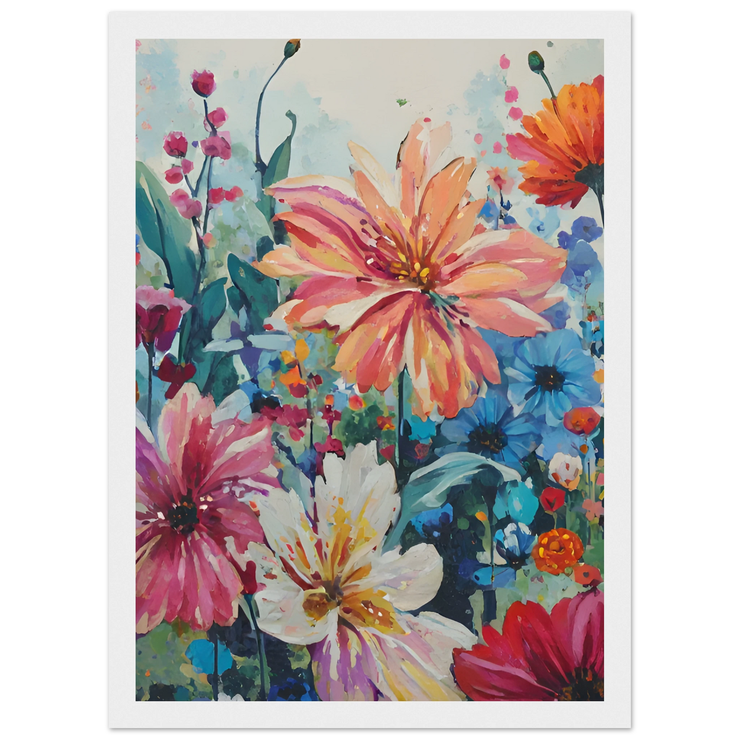 Vibrant floral meadow impressionistic wildflower art print customizable sizes frames art print in a Wood frame size A1 (59.4 x 84.1  cm) affordable wall art by Art Aunty NZ