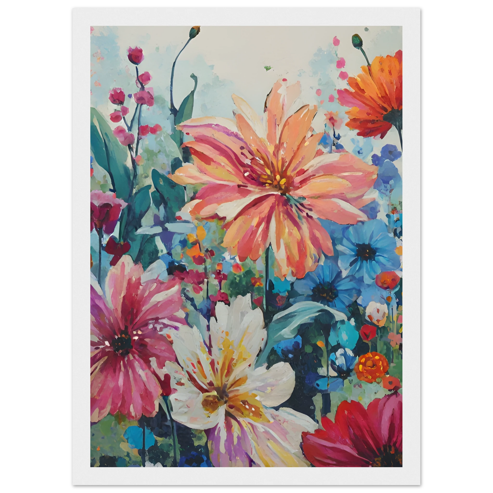 Vibrant floral meadow impressionistic wildflower art print customizable sizes frames art print in a Wood frame size A1 (59.4 x 84.1  cm) affordable wall art by Art Aunty NZ