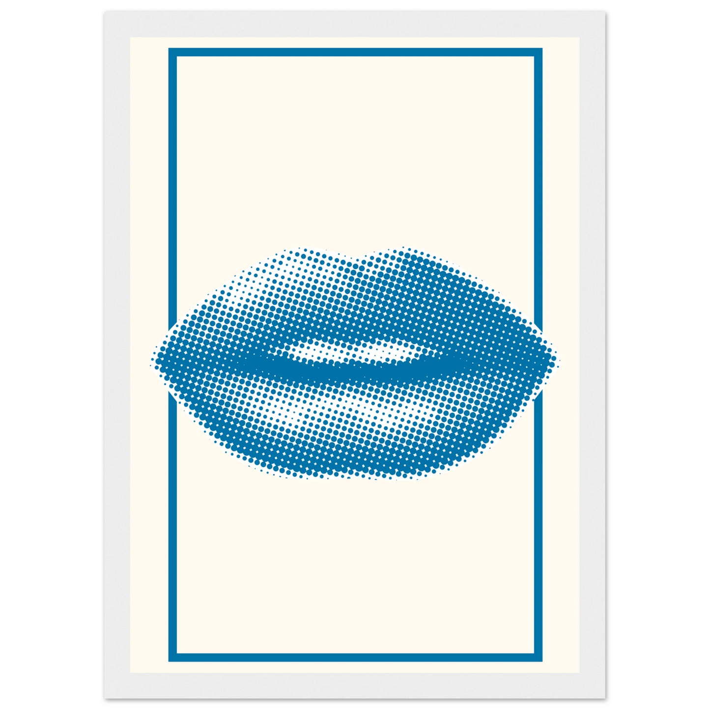 Blue kiss pop art lips print halftone digital art by anya trut in your choice of frame size art print in a Wood frame size A1 (59.4 x 84.1  cm) affordable wall art by Art Aunty NZ
