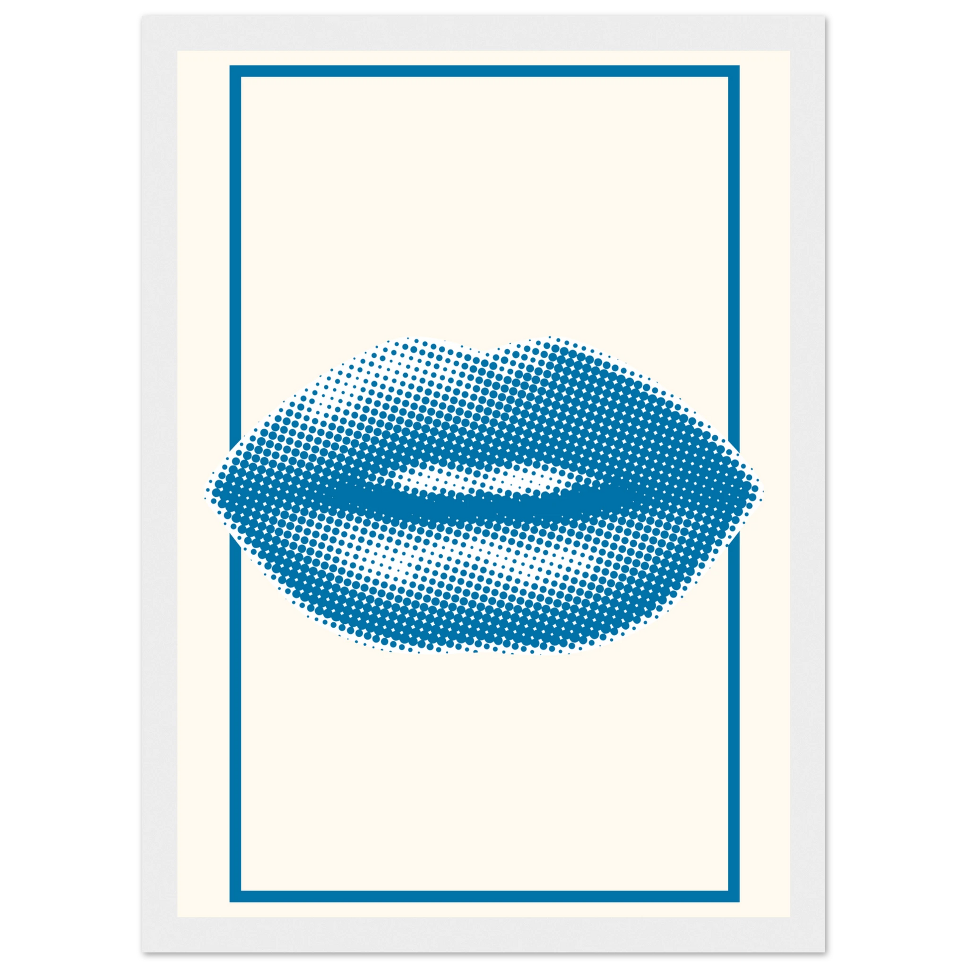 Blue kiss pop art lips print halftone digital art by anya trut in your choice of frame size art print in a Wood frame size A1 (59.4 x 84.1  cm) affordable wall art by Art Aunty NZ