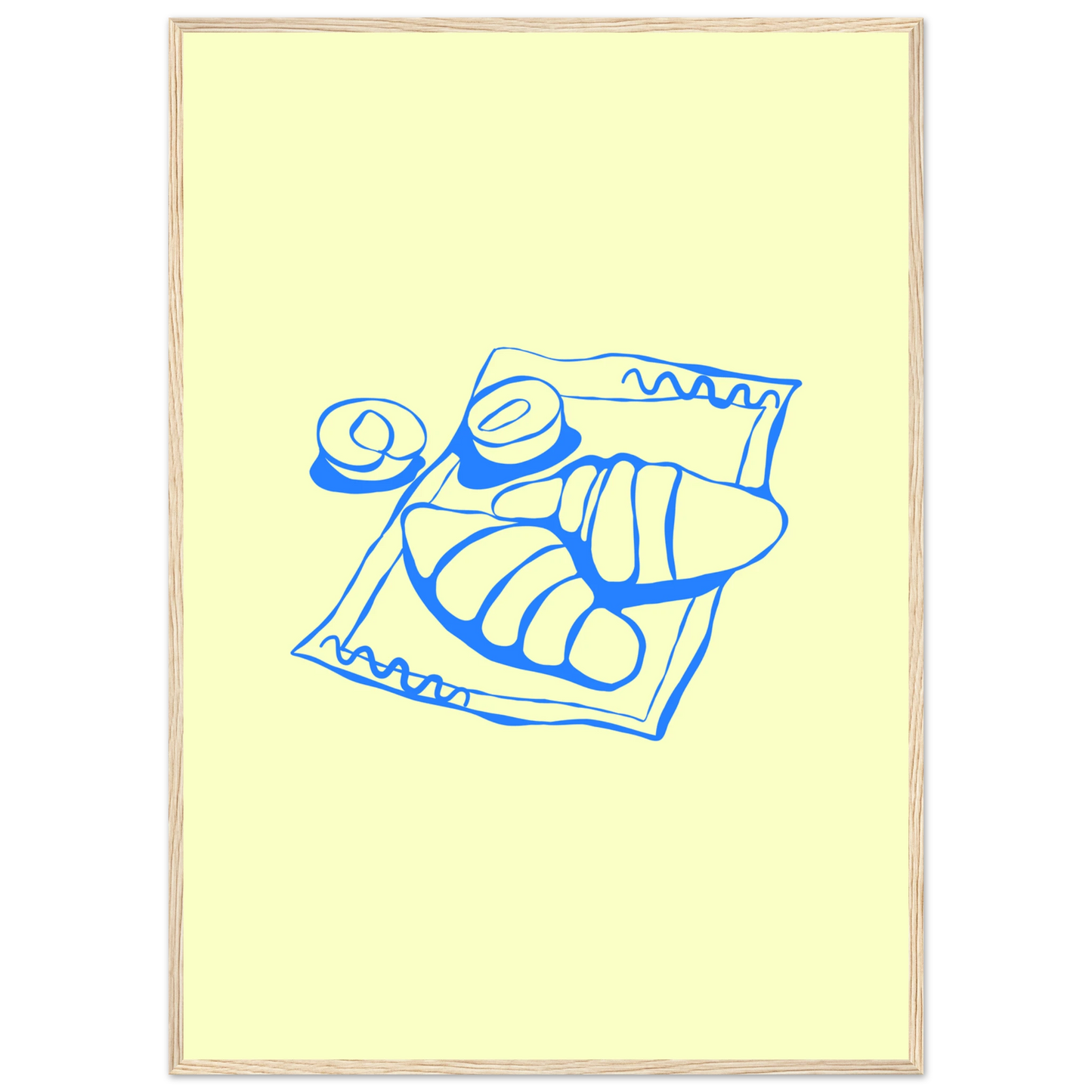 Minimalist blue croissant art print charming breakfast illustration in your choice of frame size art print in a Black frame size A1 (59.4 x 84.1  cm) affordable wall art by Art Aunty NZ