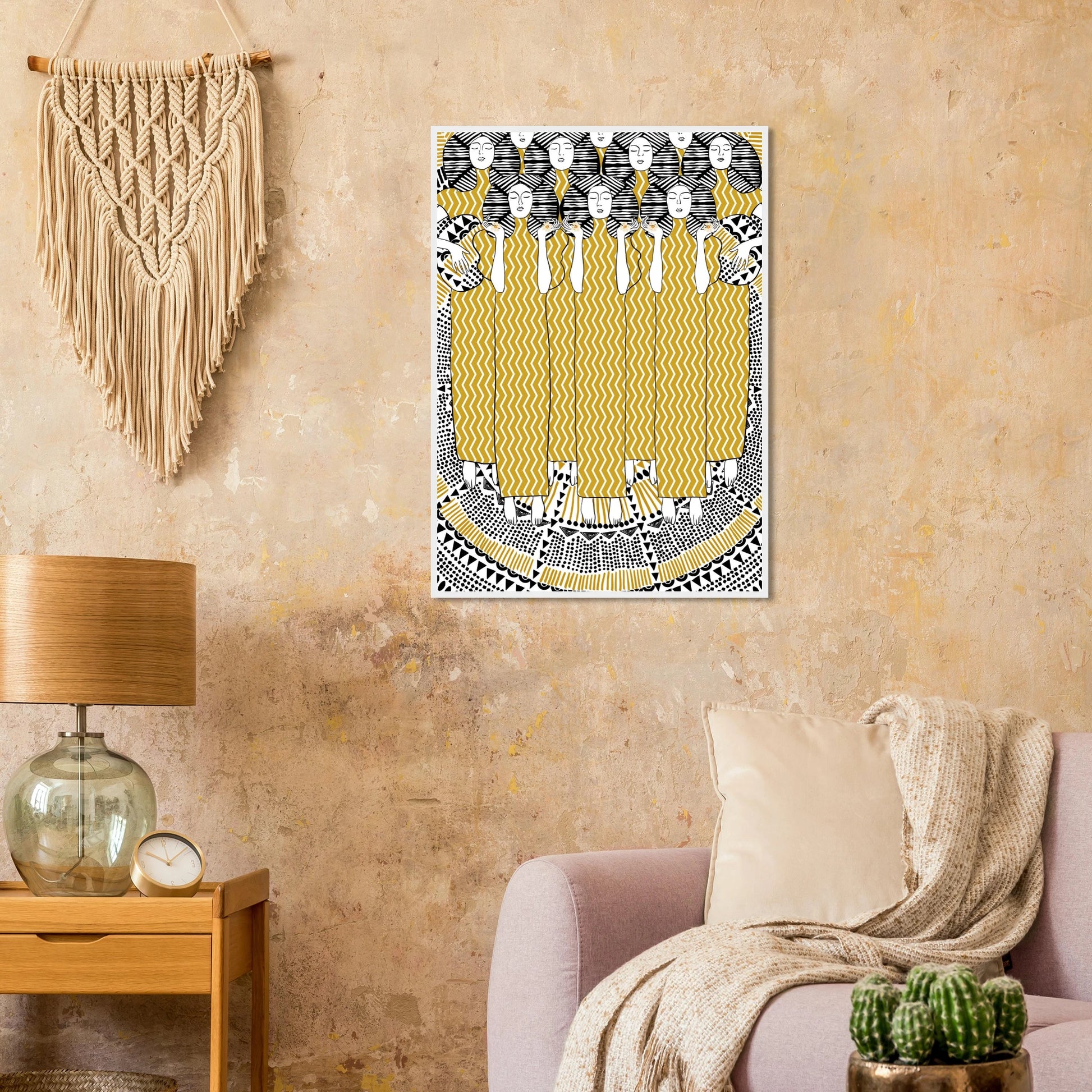 Golden women art print bohemian serenity with geometric patterns your choice of size frame art print in a  size  affordable wall art by Art Aunty NZ