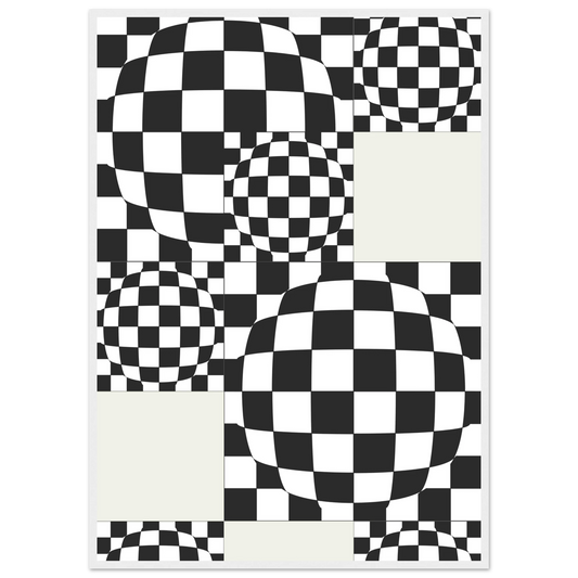 Warped checkerboard op art print by anya trut black white optical illusion wall art multiple sizes frames art print in a White frame size 21x29.7 cm / 8x12" affordable wall art by Art Aunty NZ
