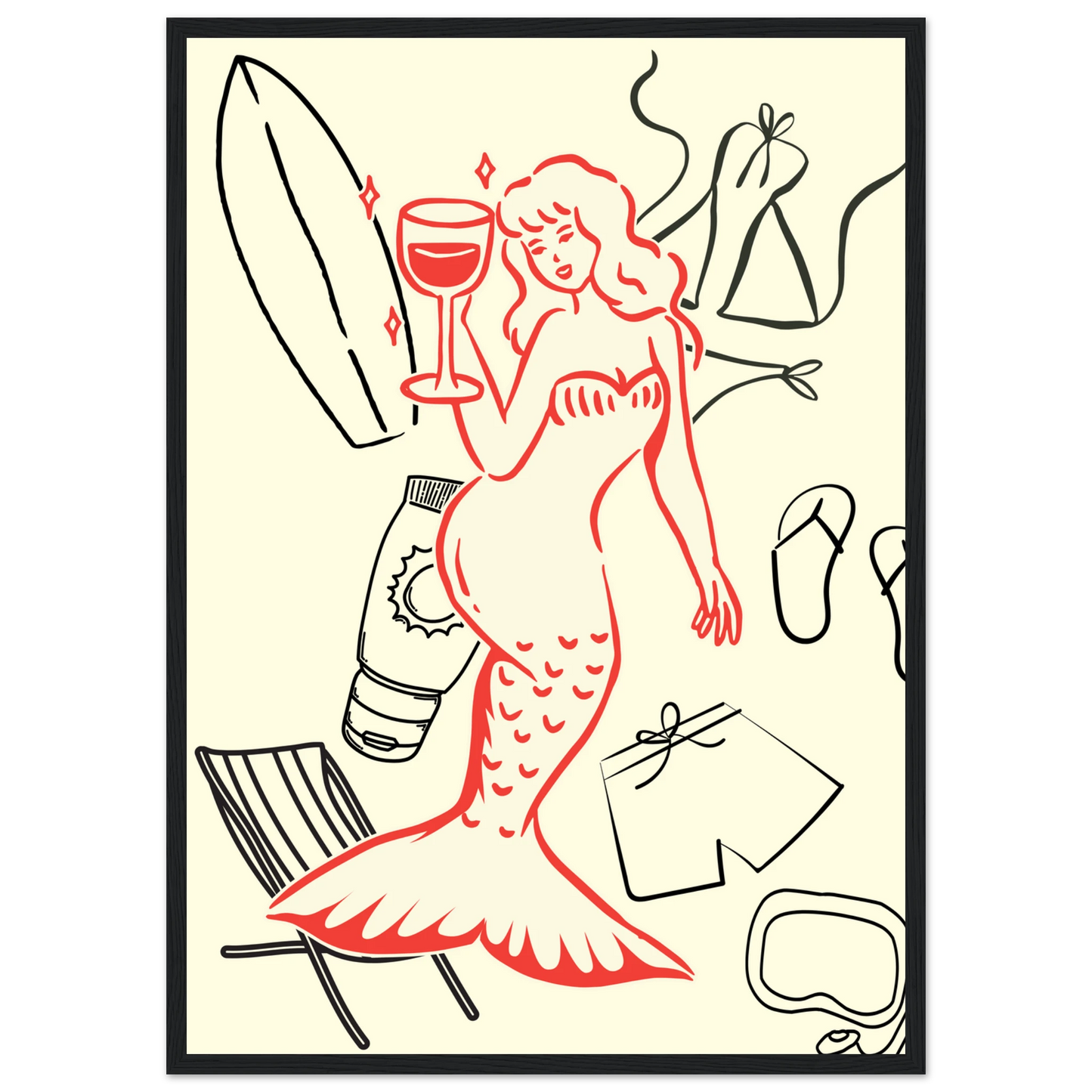 Summer mermaid wall art print beach vibes relaxation in your choice of size frame art print in a Wood frame size 21x29.7 cm / 8x12" affordable wall art by Art Aunty NZ