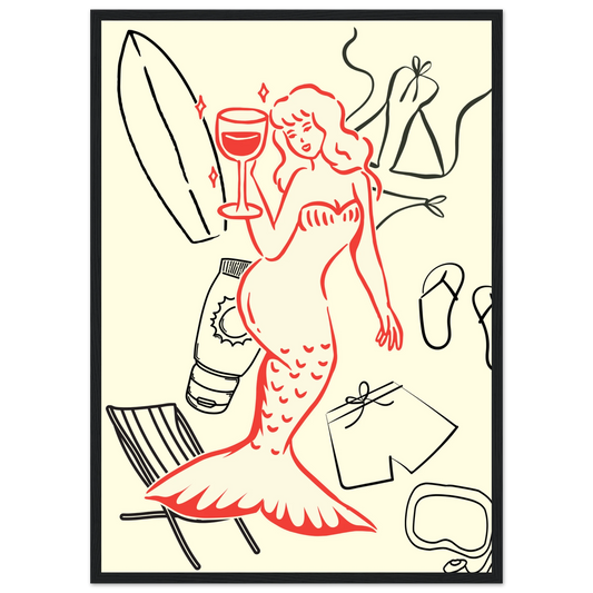 Summer mermaid wall art print beach vibes relaxation in your choice of size frame art print in a Wood frame size 21x29.7 cm / 8x12" affordable wall art by Art Aunty NZ