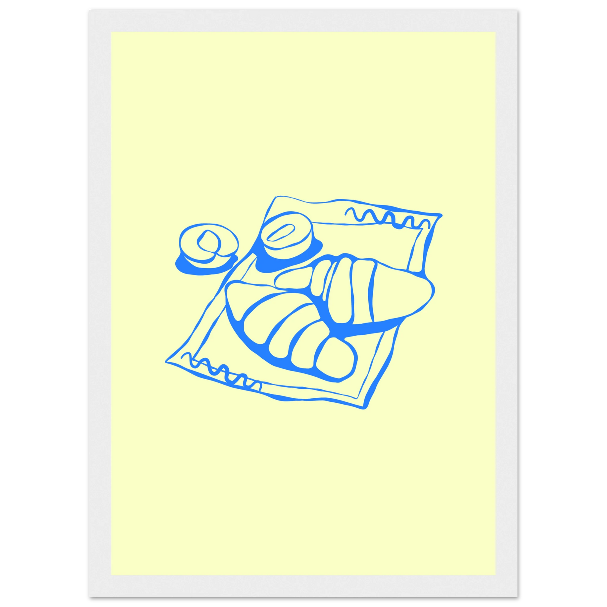 Minimalist blue croissant art print charming breakfast illustration in your choice of frame size art print in a Wood frame size A1 (59.4 x 84.1  cm) affordable wall art by Art Aunty NZ