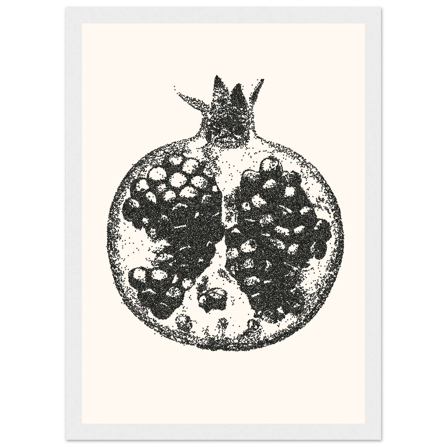 Pomegranate stipple art print by anya trut abstract dotwork fruit wall decor in your choice of frame art print in a Wood frame size A1 (59.4 x 84.1  cm) affordable wall art by Art Aunty NZ