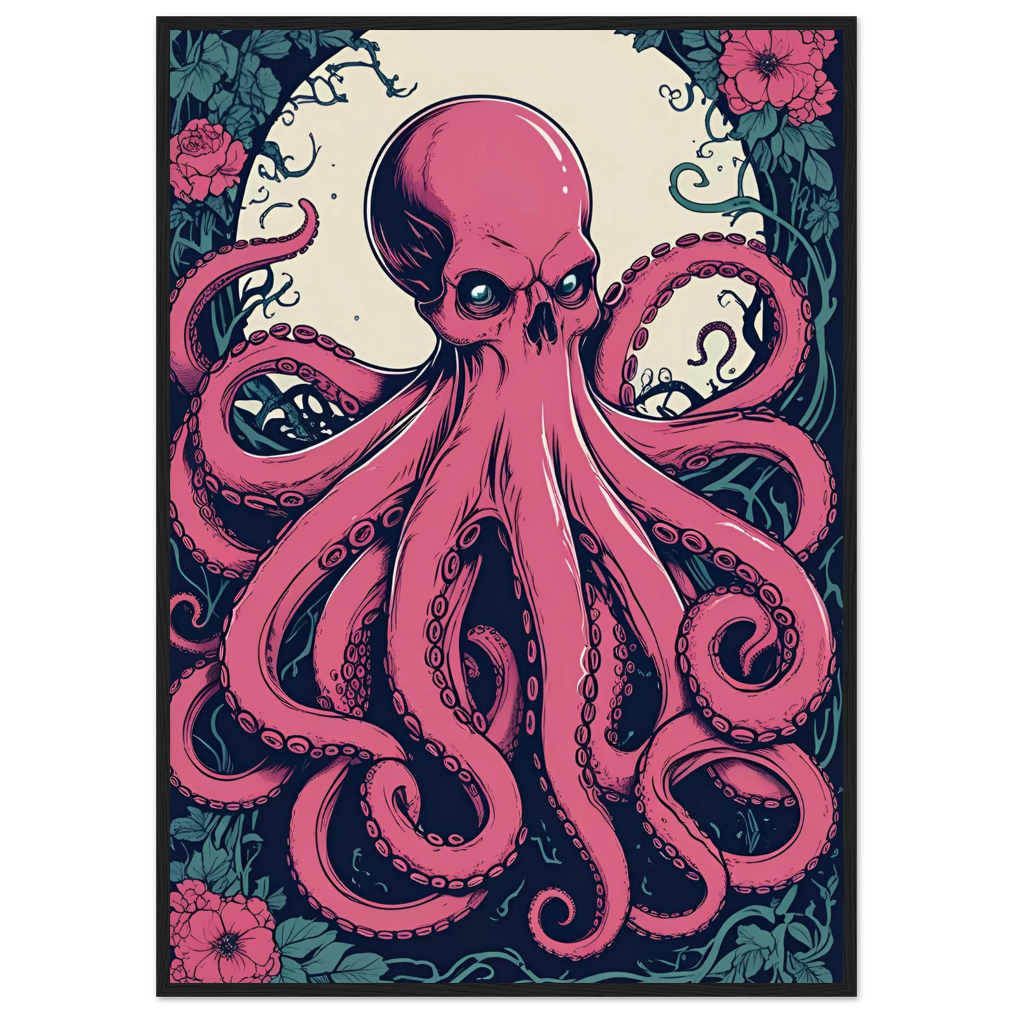Skulltopus vibrant pink octopus skull botanical art print choose your size frame art print in a Black frame size A2 (42 x 59.4  cm) affordable wall art by Art Aunty NZ