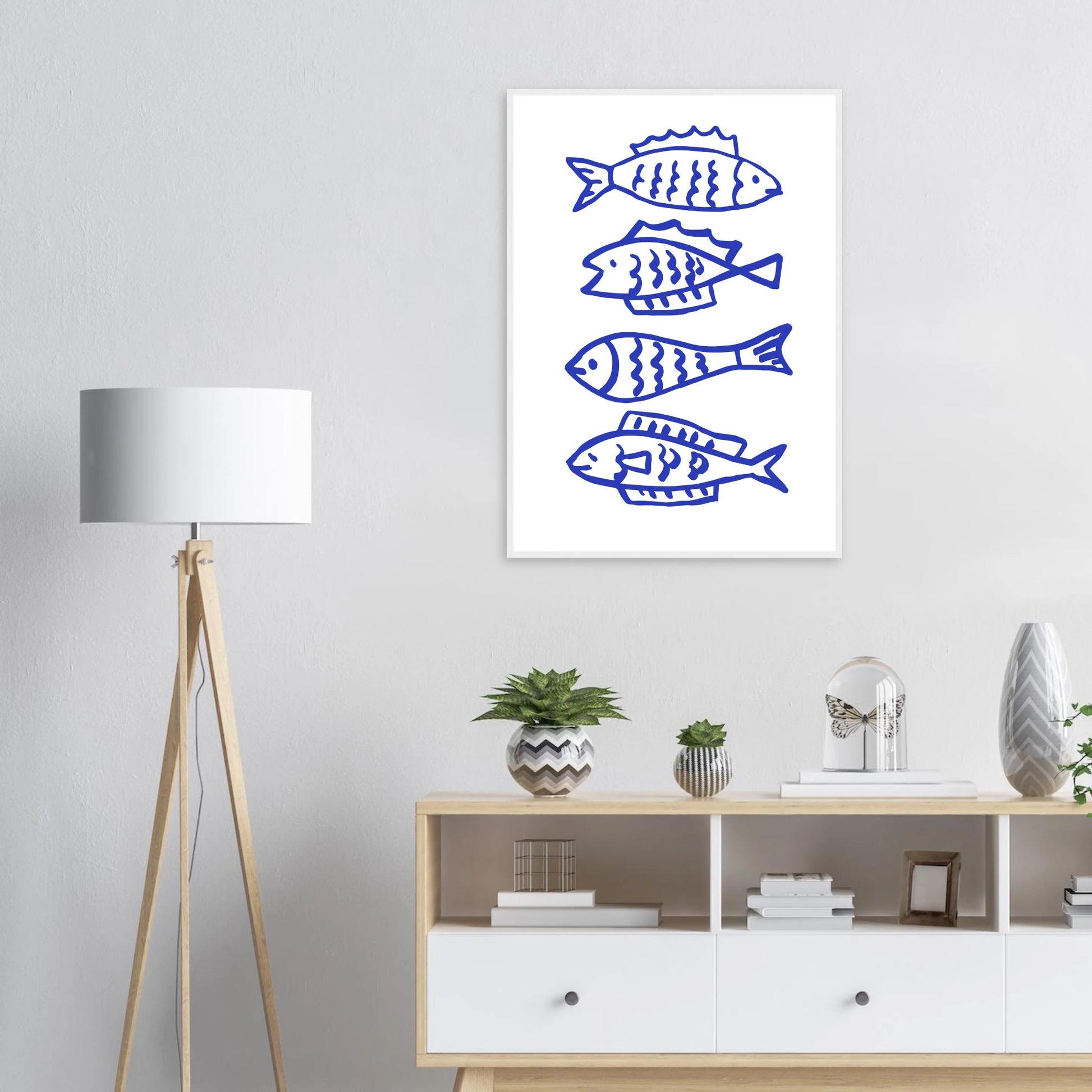 Abstract blue fish line art print by anya trut nautical charm for your home framed sized to perfection art print in a  size  affordable wall art by Art Aunty NZ