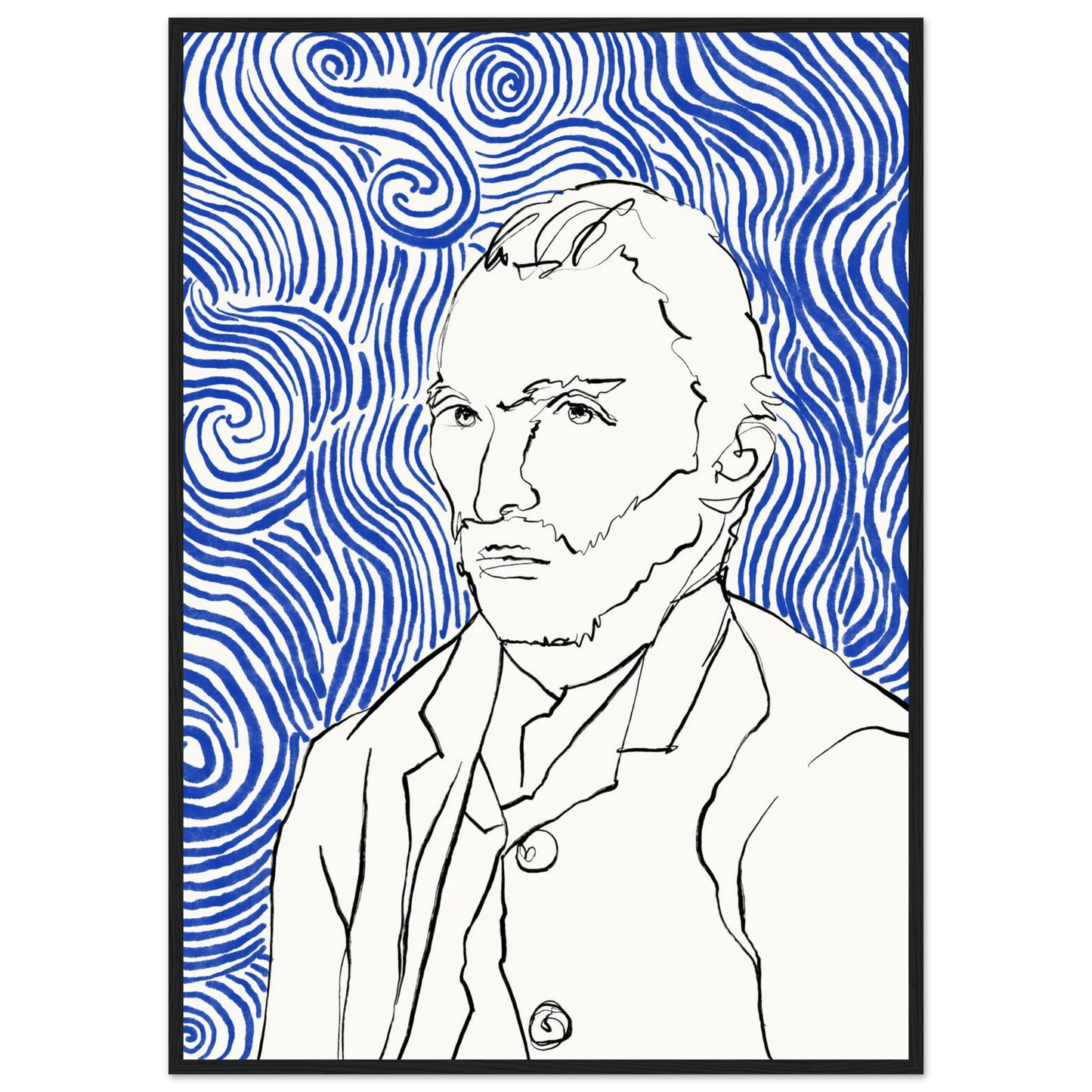 Starry night visionary framed poster iconic artist portrait with swirling blue lines by ioana horvat art print in a Wood frame size A2 (42 x 59.4  cm) affordable wall art by Art Aunty NZ