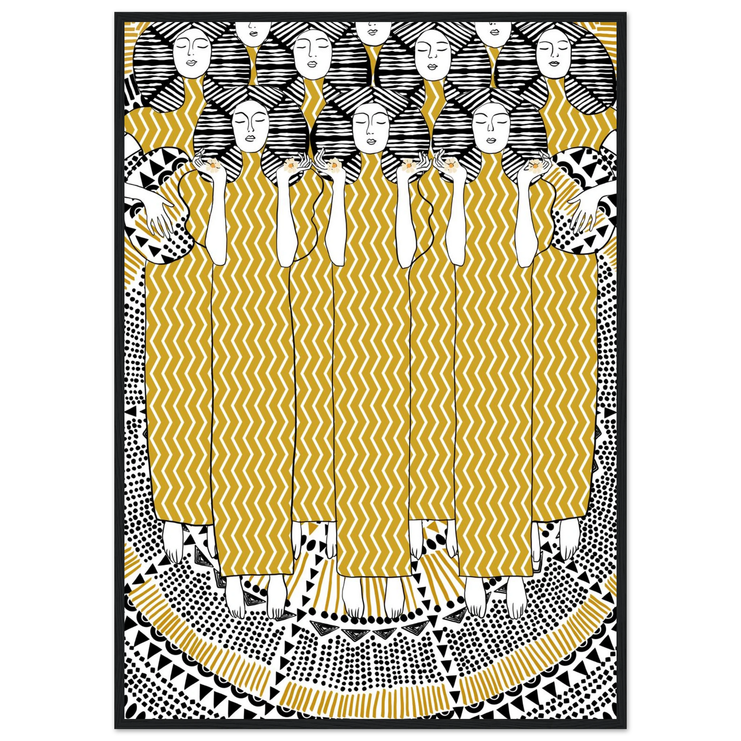 Golden women art print bohemian serenity with geometric patterns your choice of size frame art print in a Wood frame size A2 (42 x 59.4  cm) affordable wall art by Art Aunty NZ