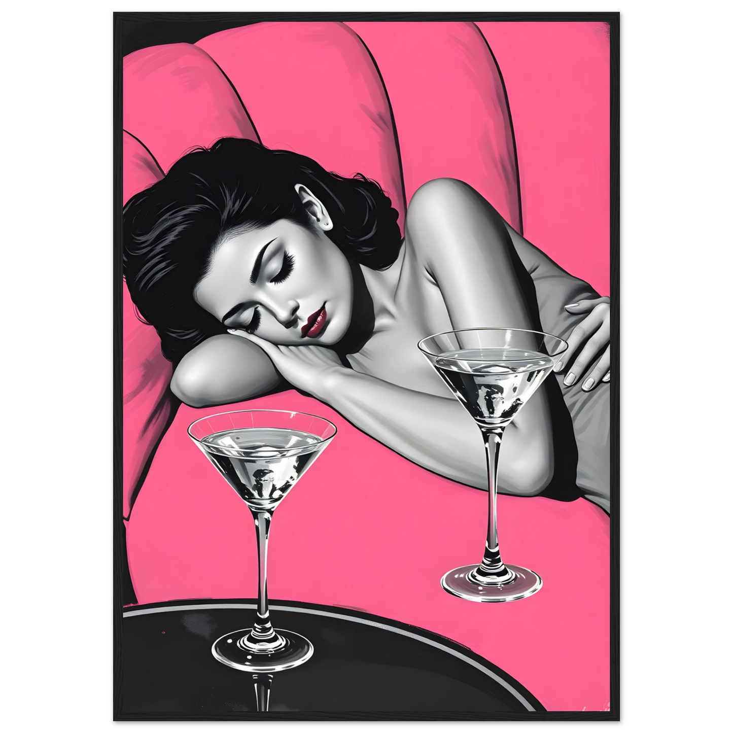 Pink noir chic night cap pop art print by anya trut choose your size frame art print in a Black frame size A2 (42 x 59.4  cm) affordable wall art by Art Aunty NZ