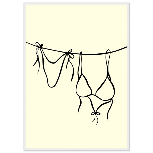 Bikini line art print minimalist swimwear wall art by anya trut available in multiple sizes and frame styles art print in a White frame size 21x29.7 cm / 8x12" affordable wall art by Art Aunty NZ