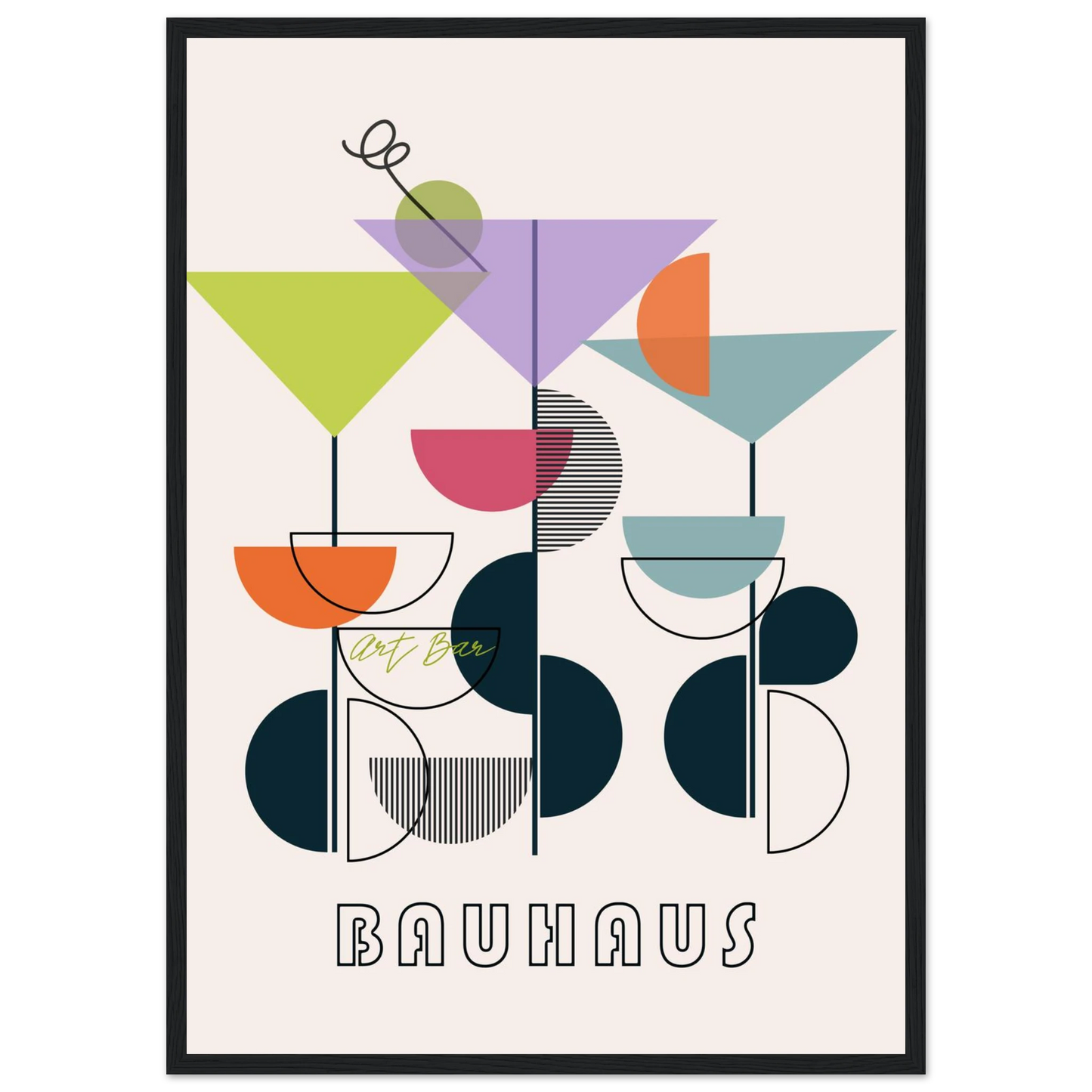 Bauhaus art bar cocktail abstract wall art print a modern geometric statement piece in your choice of frame and size art print in a White frame size A2 (42 x 59.4  cm) affordable wall art by Art Aunty NZ