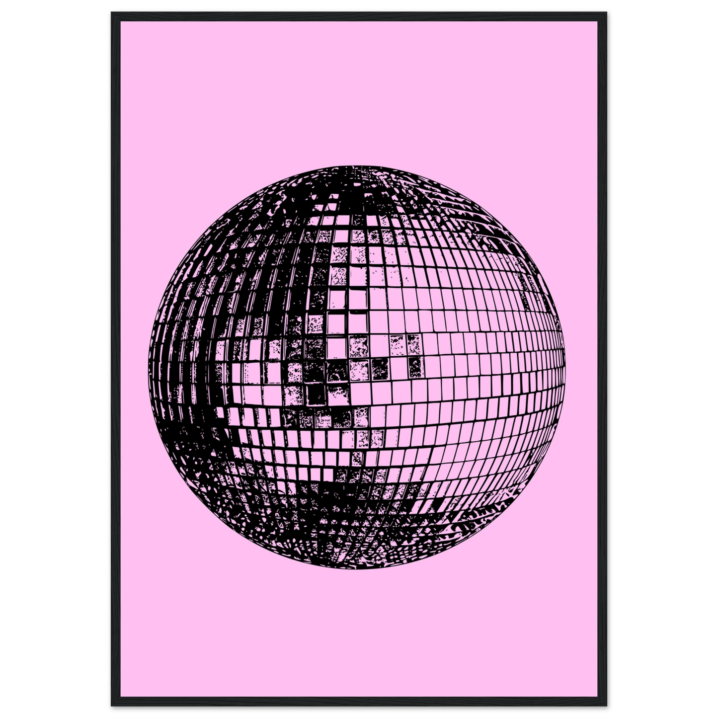 Neon disco ball pop art print by anya trut retro inspired wall decor in your preferred size frame art print in a Black frame size A2 (42 x 59.4  cm) affordable wall art by Art Aunty NZ