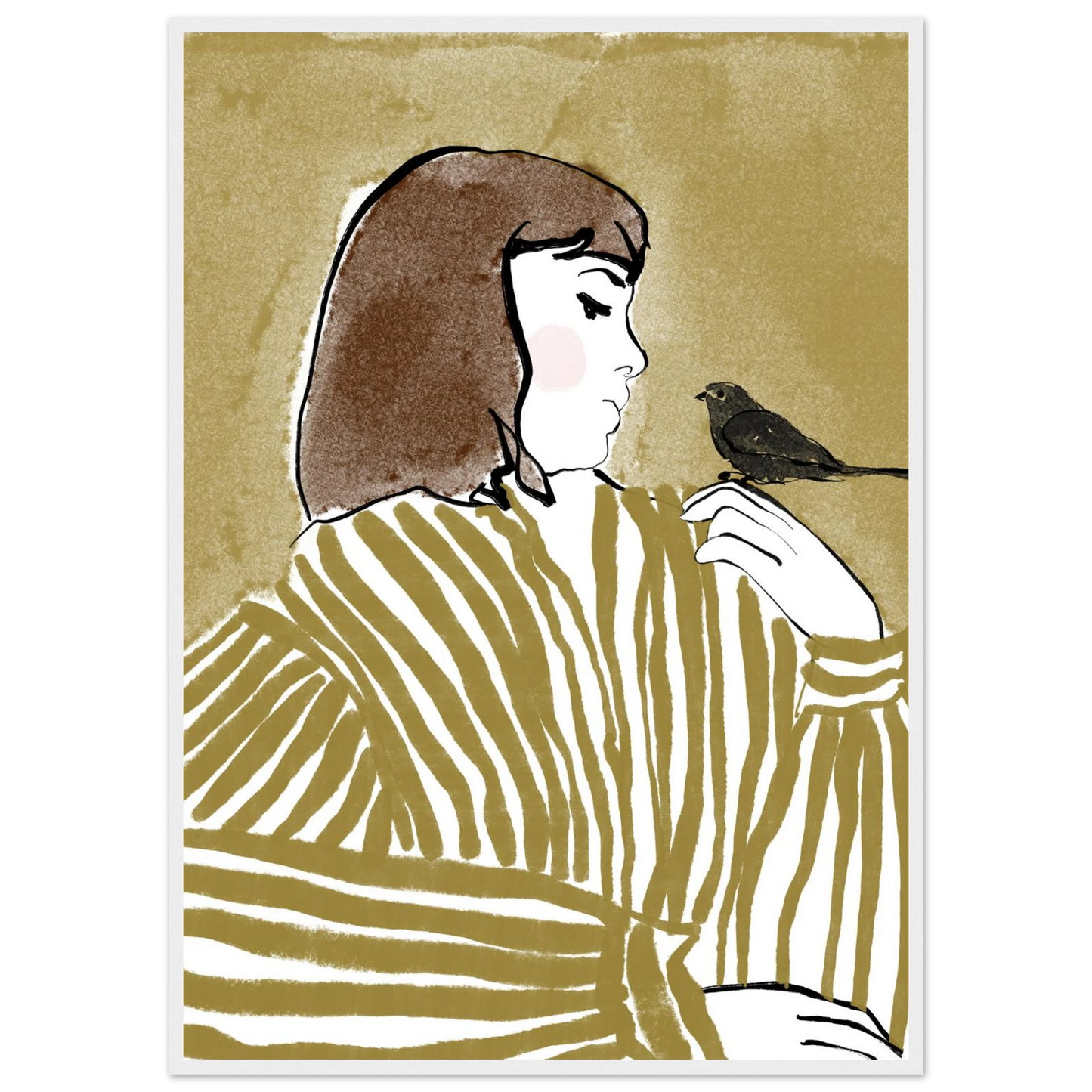 Whispering bird elegant profile art print by ioana horvat custom sizes frames art print in a White frame size 21x29.7 cm / 8x12" affordable wall art by Art Aunty NZ
