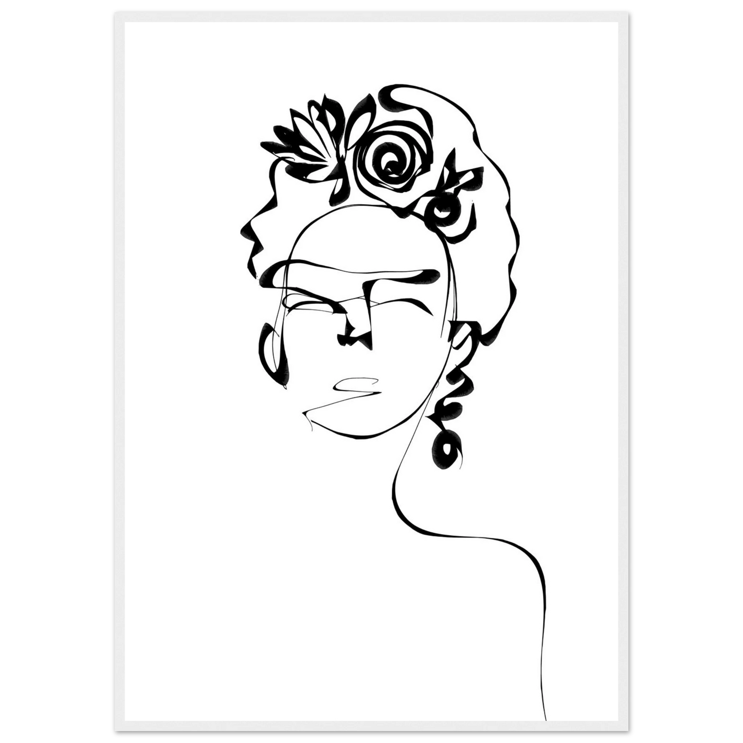 Minimalist frida kahlo inspired line art poster abstract floral portrait print in your choice of size and frame art print in a White frame size 21x29.7 cm / 8x12" affordable wall art by Art Aunty NZ