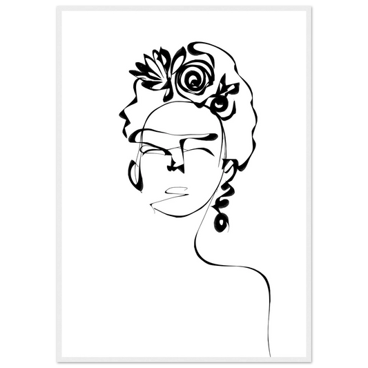 Minimalist frida kahlo inspired line art poster abstract floral portrait print in your choice of size and frame art print in a White frame size 21x29.7 cm / 8x12" affordable wall art by Art Aunty NZ
