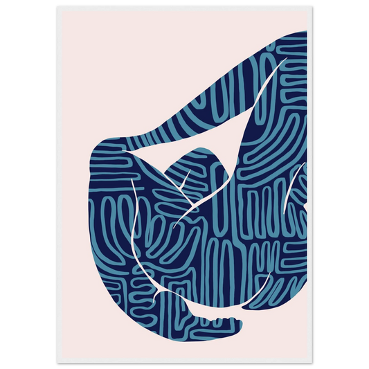 Abstract figurative pose art print teal maze patterns on cream ioana horvat collection framed sized to your taste art print in a White frame size 21x29.7 cm / 8x12" affordable wall art by Art Aunty NZ