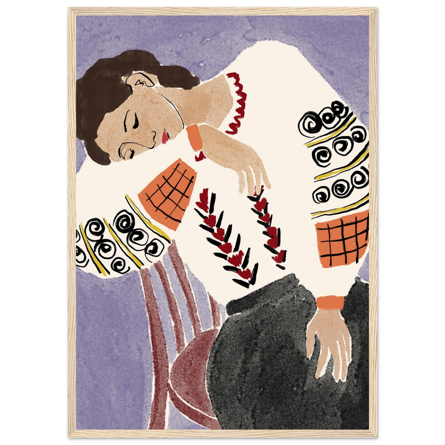 Romanian folk dreams print ioana horvat art poster in three sizes with custom frame options art print in a Black frame size A1 (59.4 x 84.1  cm) affordable wall art by Art Aunty NZ