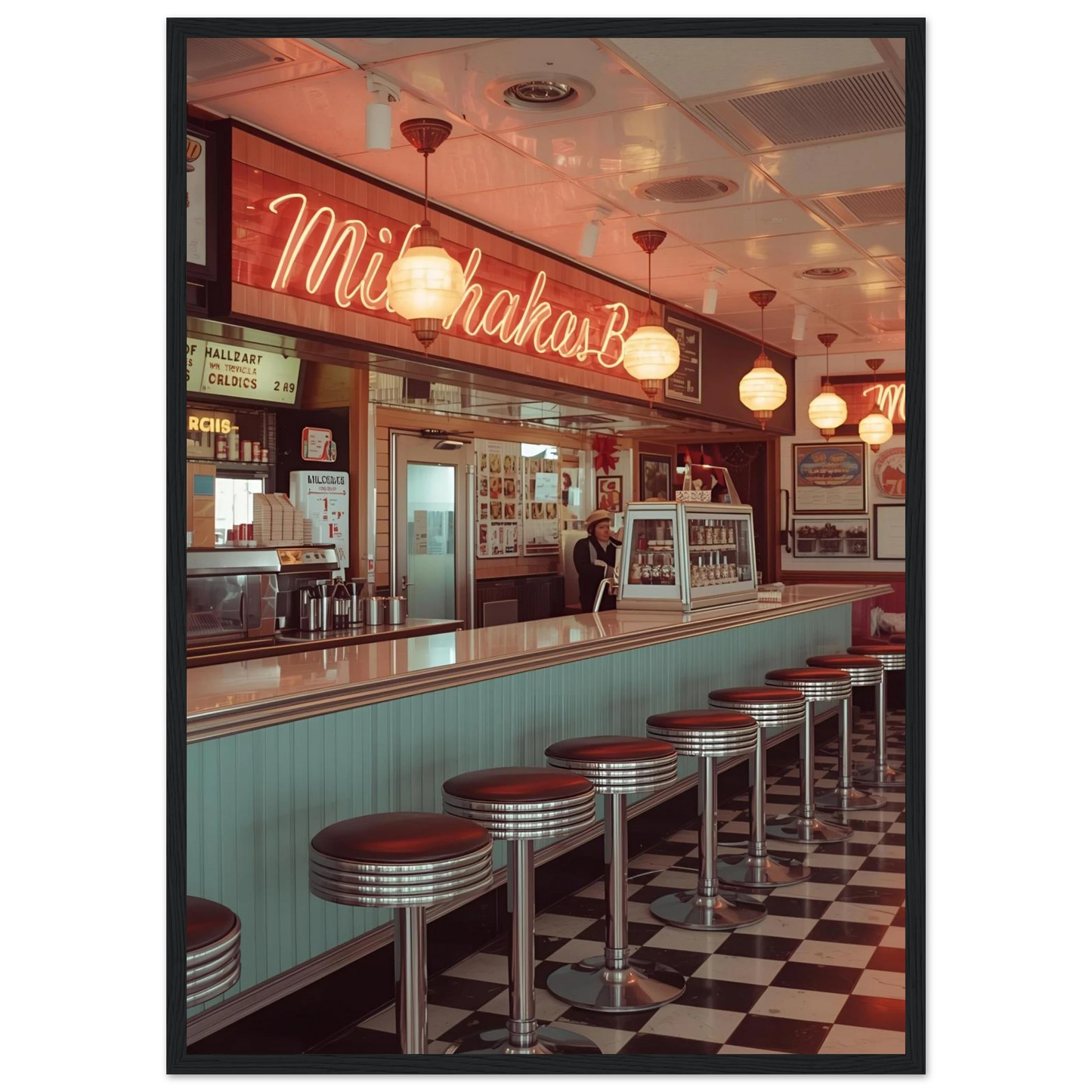 The milk bar art print in a Black frame size A2 (42 x 59.4  cm) affordable wall art by Art Aunty NZ