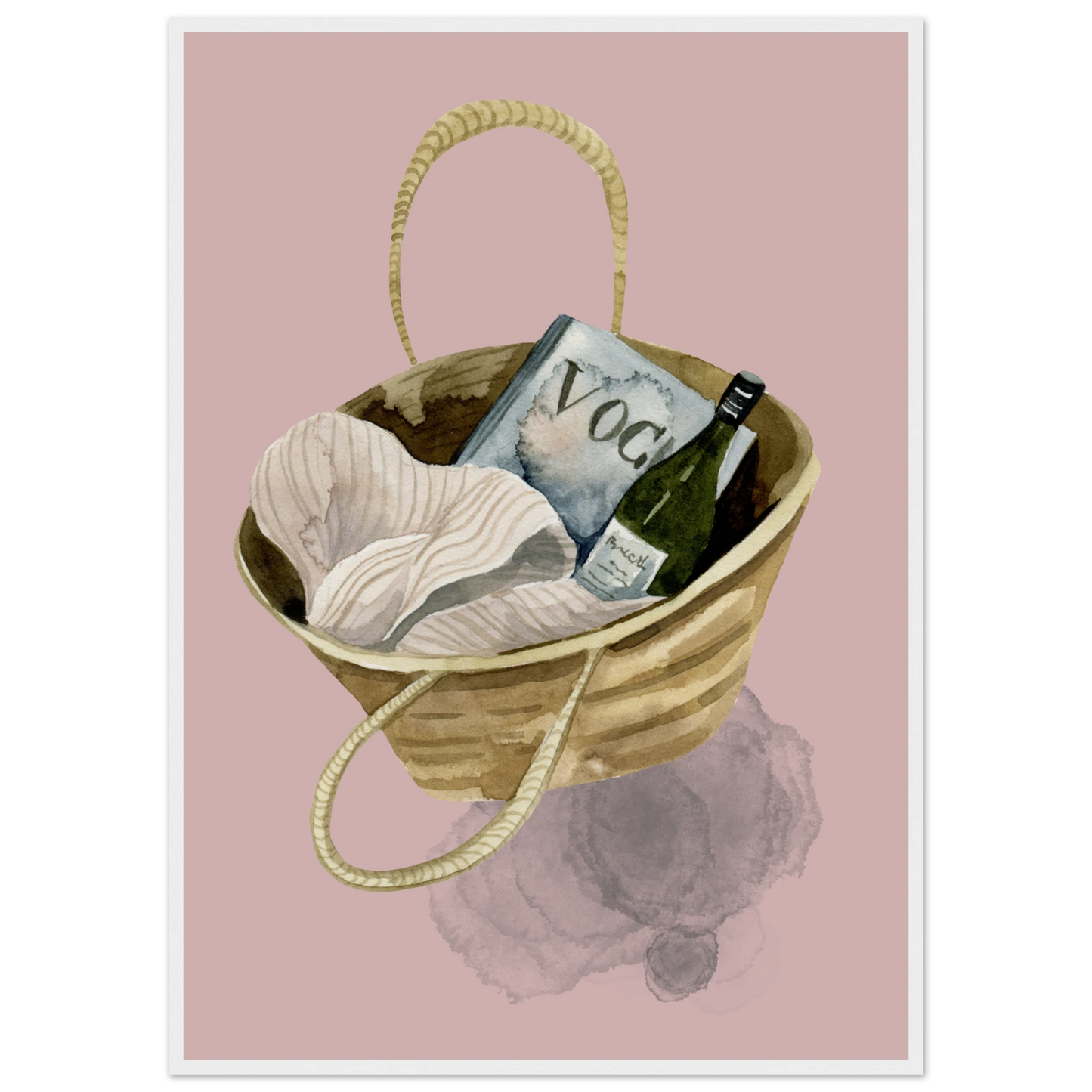 Chic beach bag with vogue wine watercolor art print boho summer aesthetic wall decor by anya trut art print in a White frame size 21x29.7 cm / 8x12" affordable wall art by Art Aunty NZ