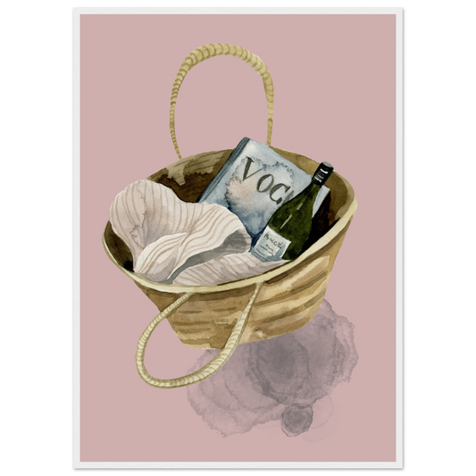 Chic beach bag with vogue wine watercolor art print boho summer aesthetic wall decor by anya trut art print in a White frame size 21x29.7 cm / 8x12" affordable wall art by Art Aunty NZ