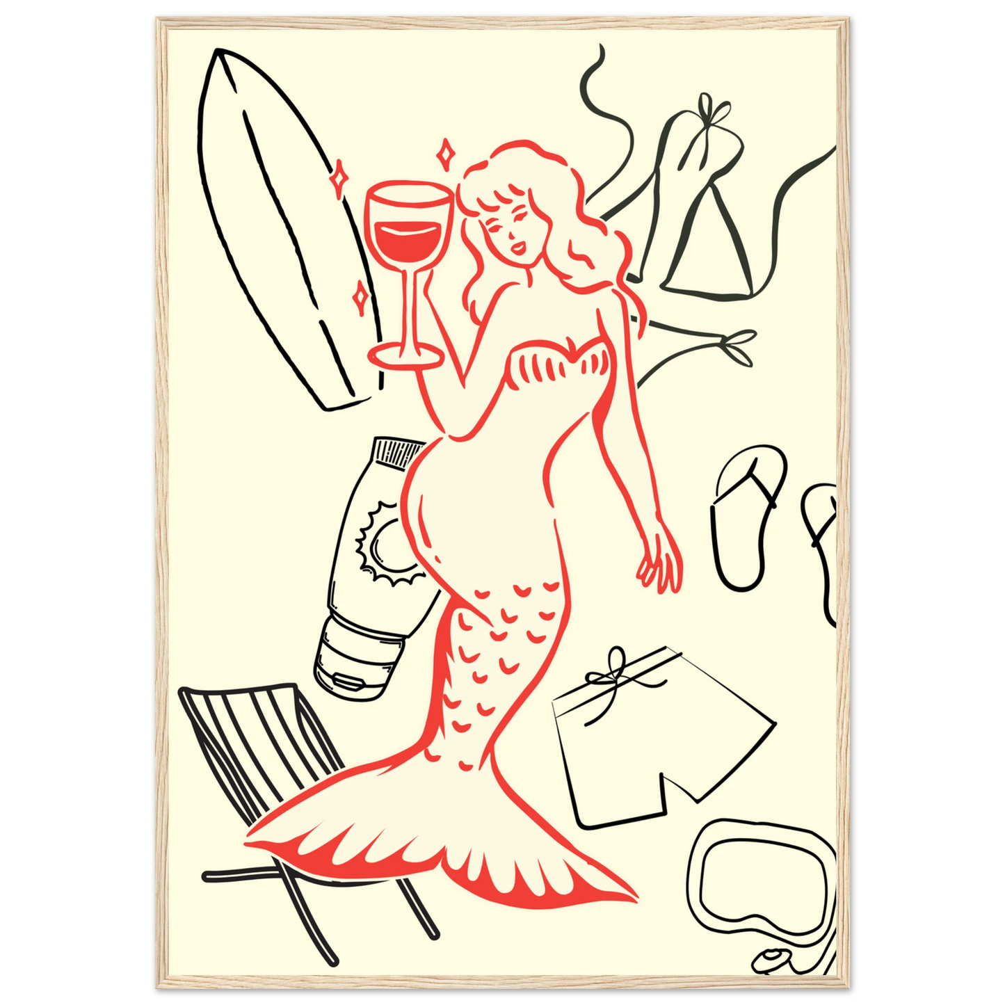 Summer mermaid wall art print beach vibes relaxation in your choice of size frame art print in a Black frame size A1 (59.4 x 84.1  cm) affordable wall art by Art Aunty NZ