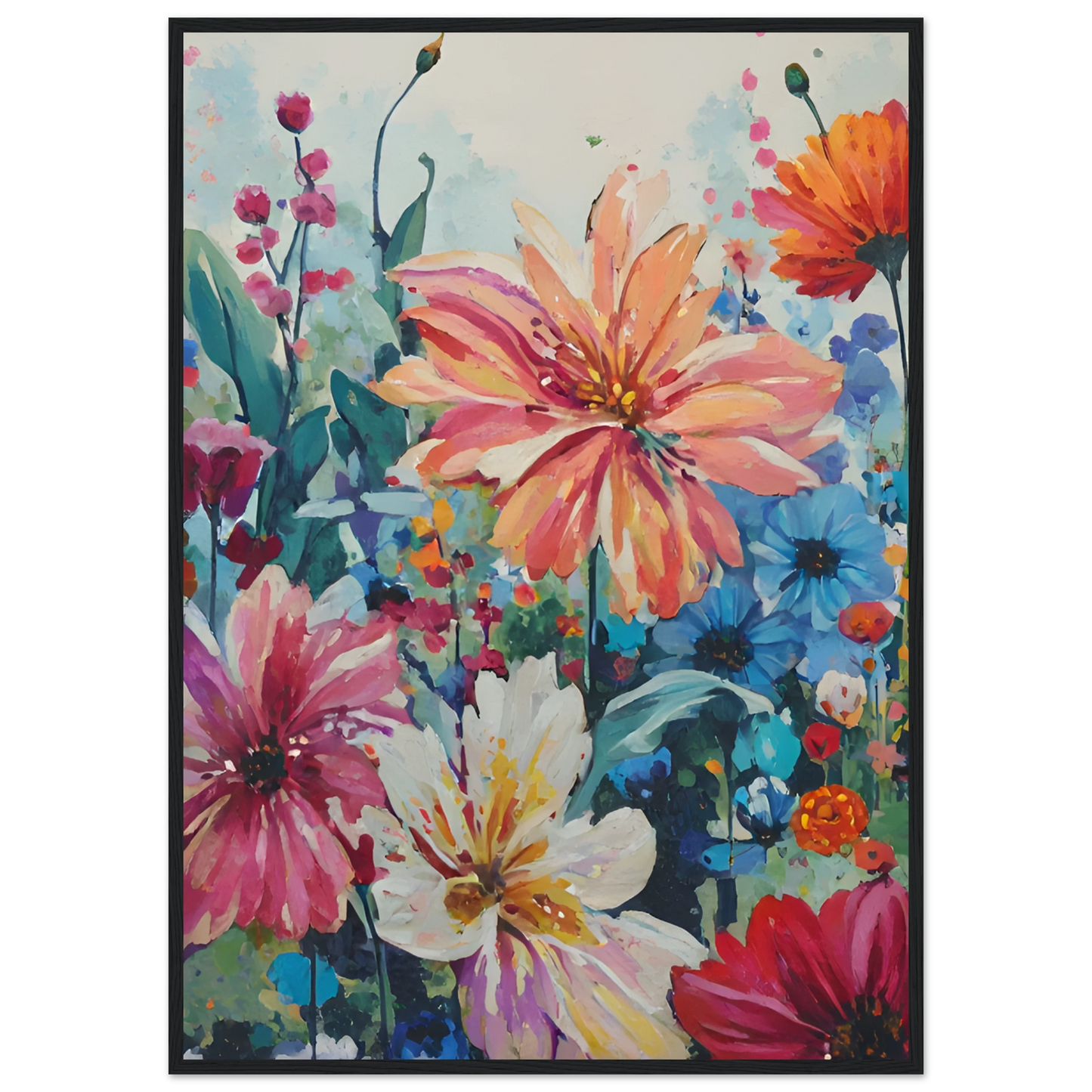 Vibrant floral meadow impressionistic wildflower art print customizable sizes frames art print in a Black frame size A2 (42 x 59.4  cm) affordable wall art by Art Aunty NZ