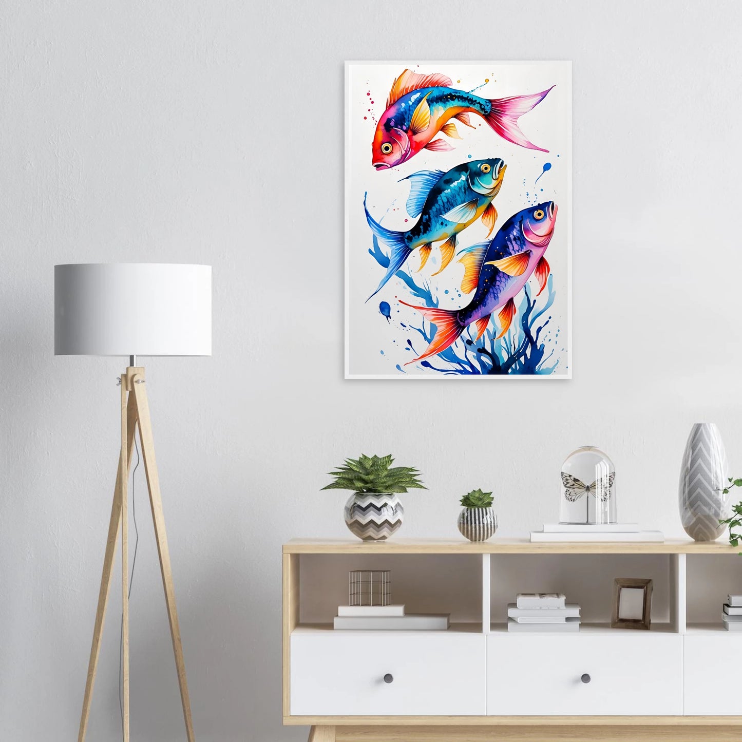 Vibrant ocean trio art print colorful fish watercolor wall decor available in various sizes frames art print in a  size  affordable wall art by Art Aunty NZ