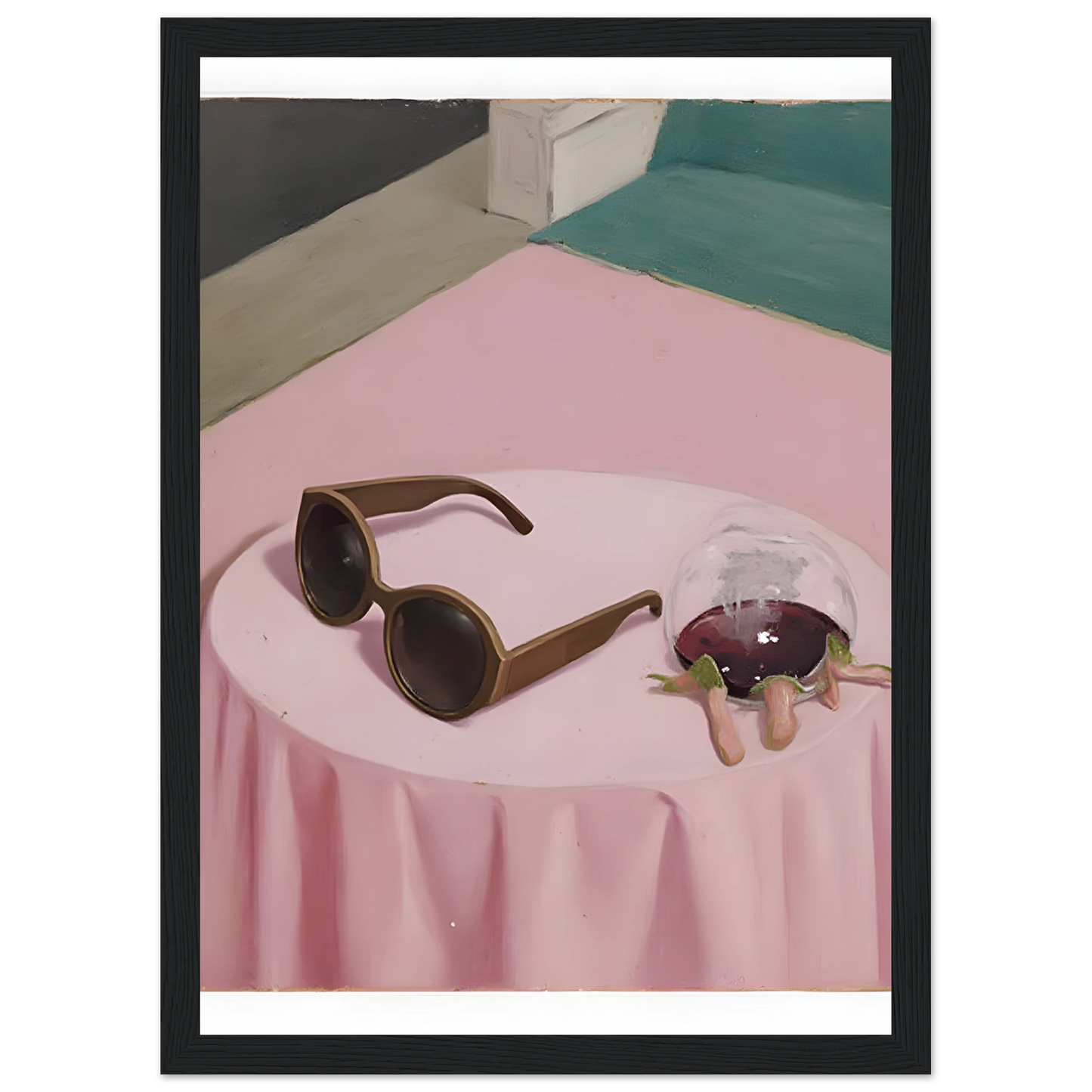 Chic curious nightcap by anya trut modern art print with sunglasses and spilled drink in your choice of frame art print in a White frame size A2 (42 x 59.4  cm) affordable wall art by Art Aunty NZ