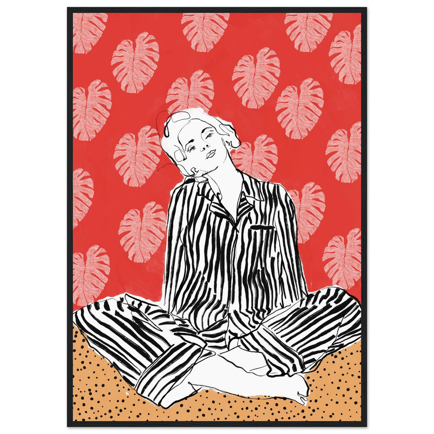 Red boho chic tropical leaf art print elevate your space with vibrant style bohemian flair art print in a Wood frame size A2 (42 x 59.4  cm) affordable wall art by Art Aunty NZ