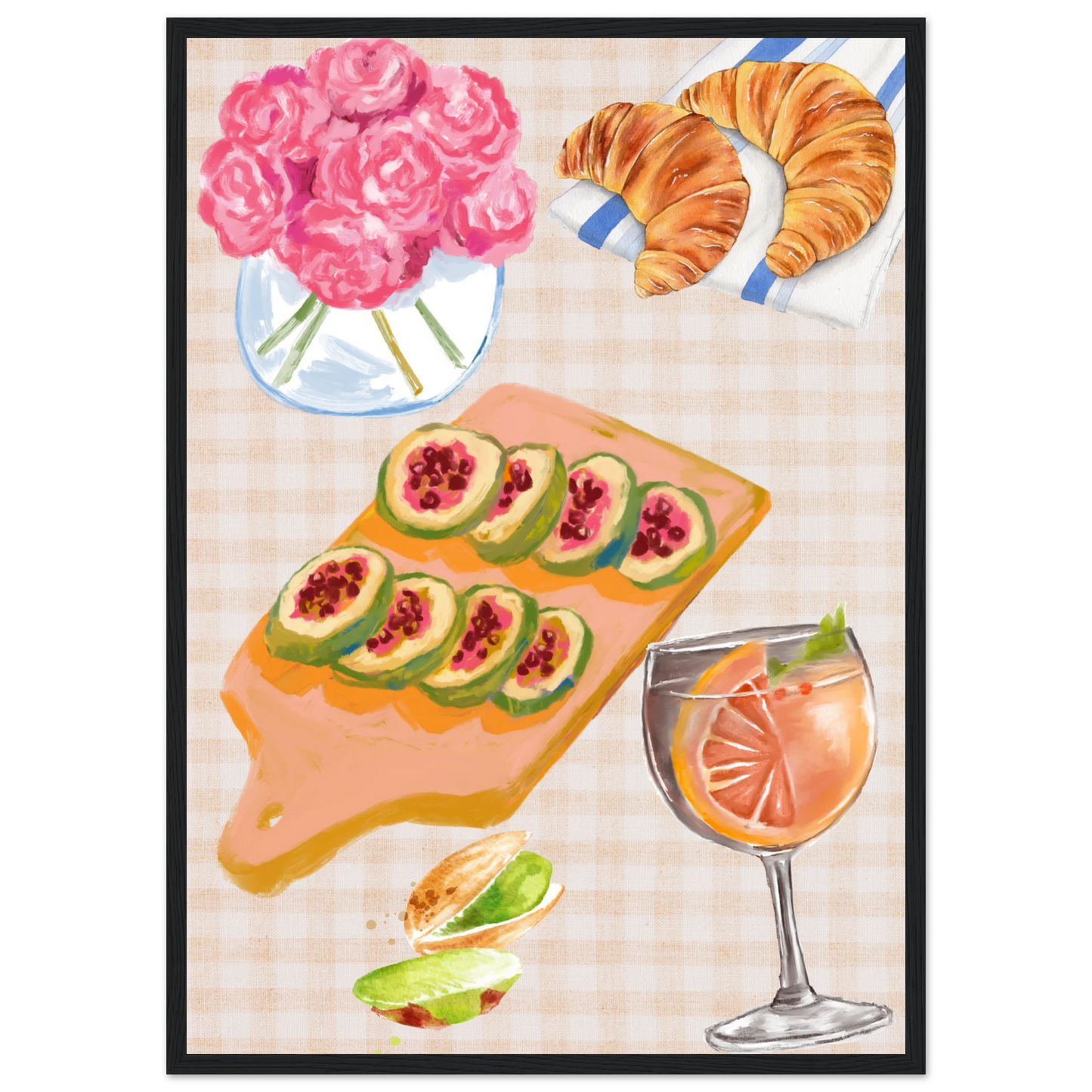 Summer brunch still life framed poster anya trut original artwork 1 art print in a Wood frame size 21x29.7 cm / 8x12" affordable wall art by Art Aunty NZ