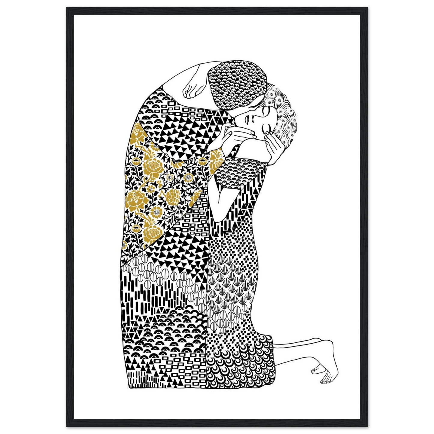 Abstract embrace golden floral geometric art print hand drawn expression on premium poster art print in a White frame size A2 (42 x 59.4  cm) affordable wall art by Art Aunty NZ