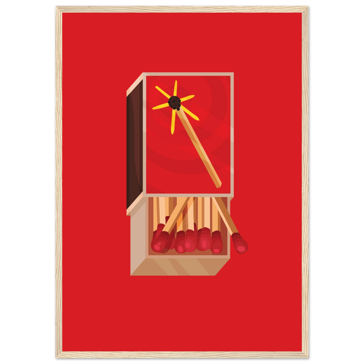 Fiery matchbox art print ignite your decor with bold red yellow hues available framed in various sizes art print in a White frame size A1 (59.4 x 84.1  cm) affordable wall art by Art Aunty NZ